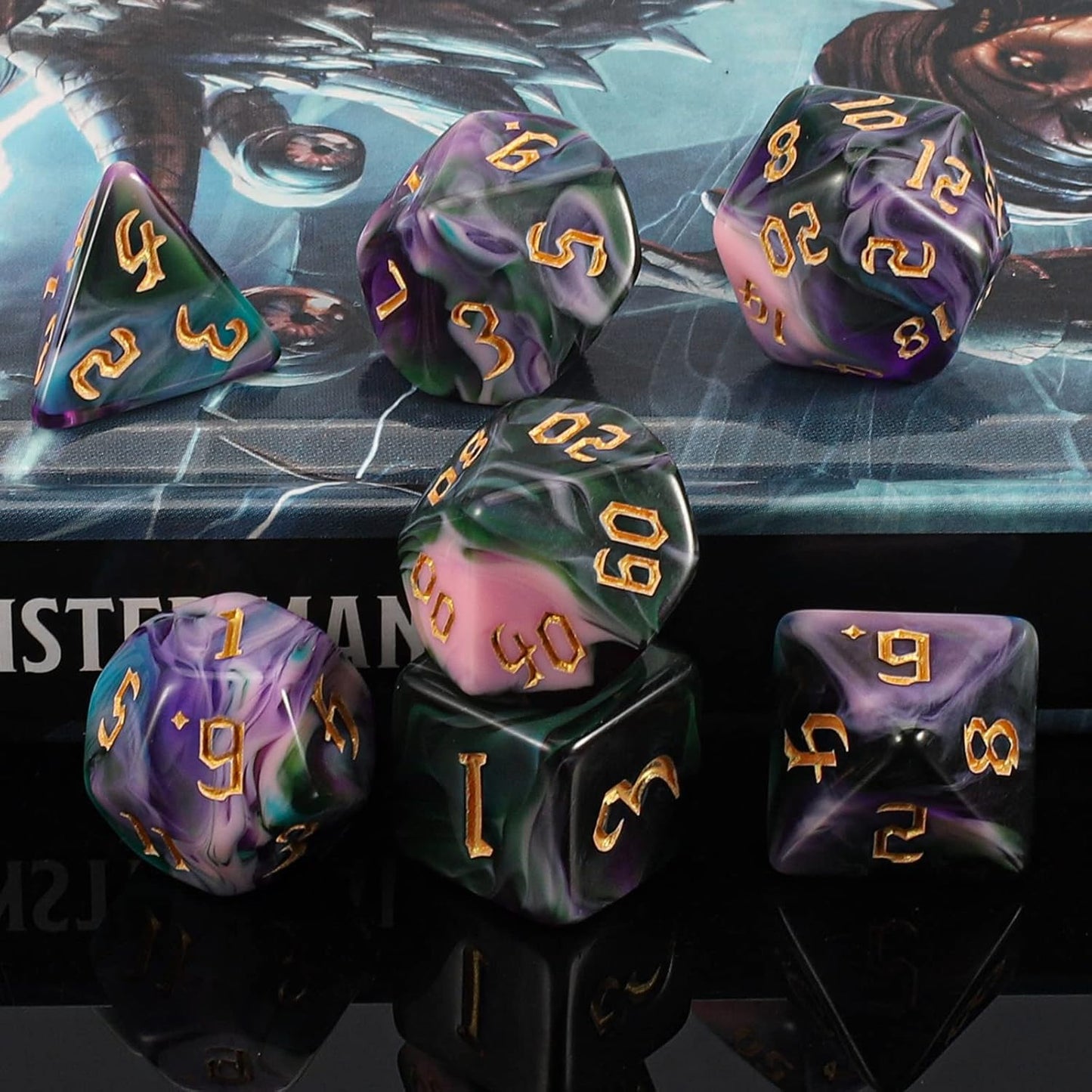 QMAY DND Dice Set -D&D Polyhedral Dice (7 Pcs) for Dungeons and Dragons (Purple Green Four Colors)