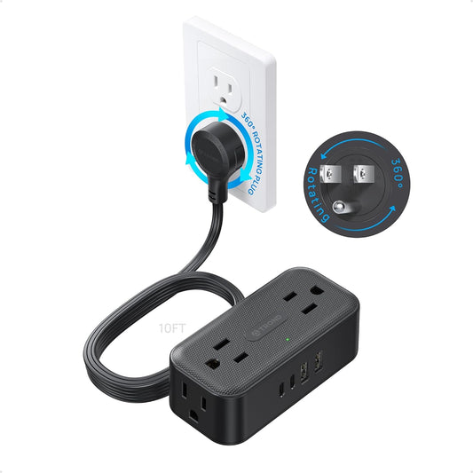 TROND 360° Rotating Flat Plug Power Strip, 10FT Extension Cord with 4 USB Ports, 4 Wide Spaced AC Outlets, Wall Mount, 900J Surge Protector for Office Travel Dorm Room Essentials, Black
