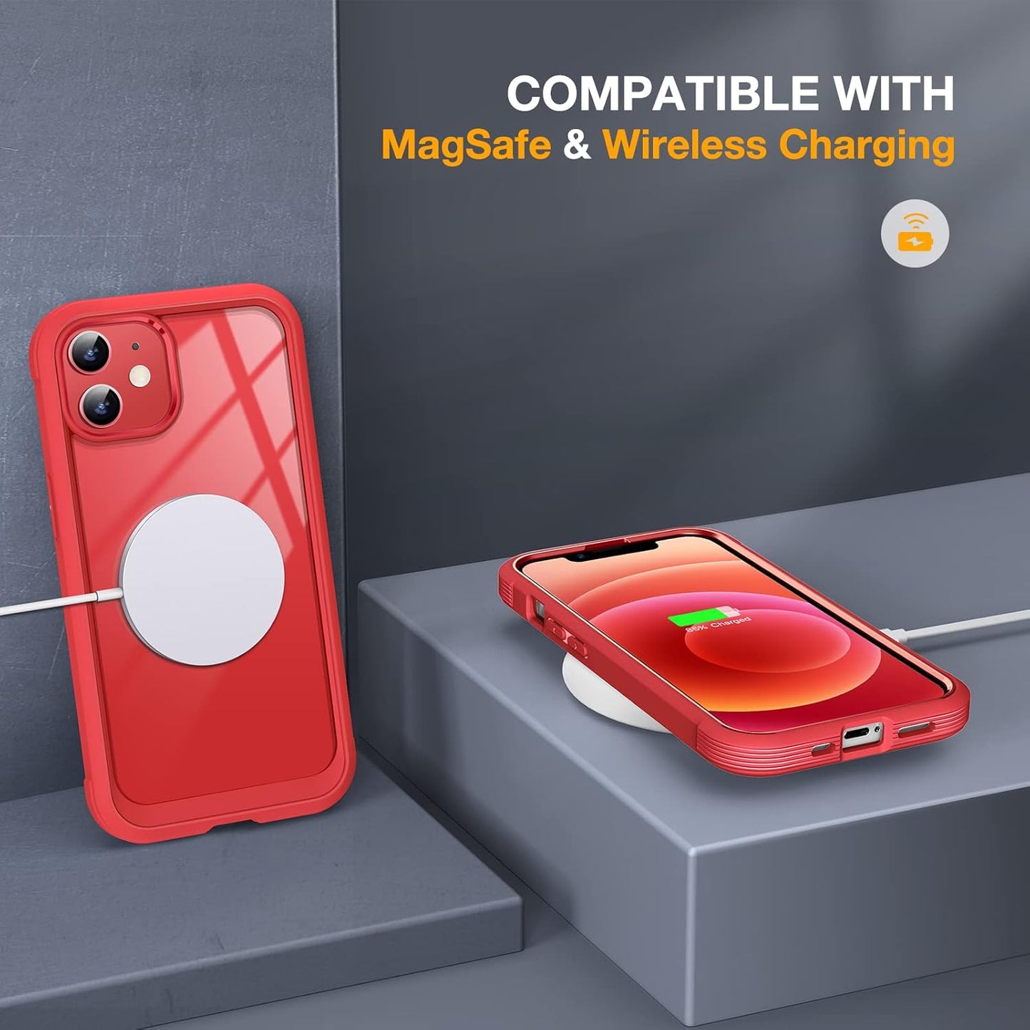 Miracase Glass Series for iPhone 12/12 Pro Case 6.1 inch, Upgraded Full-Body Rugged Phone Bumper Case Cover with Built-in 9H Tempered Glass Screen Protector and Camera Protector, Red