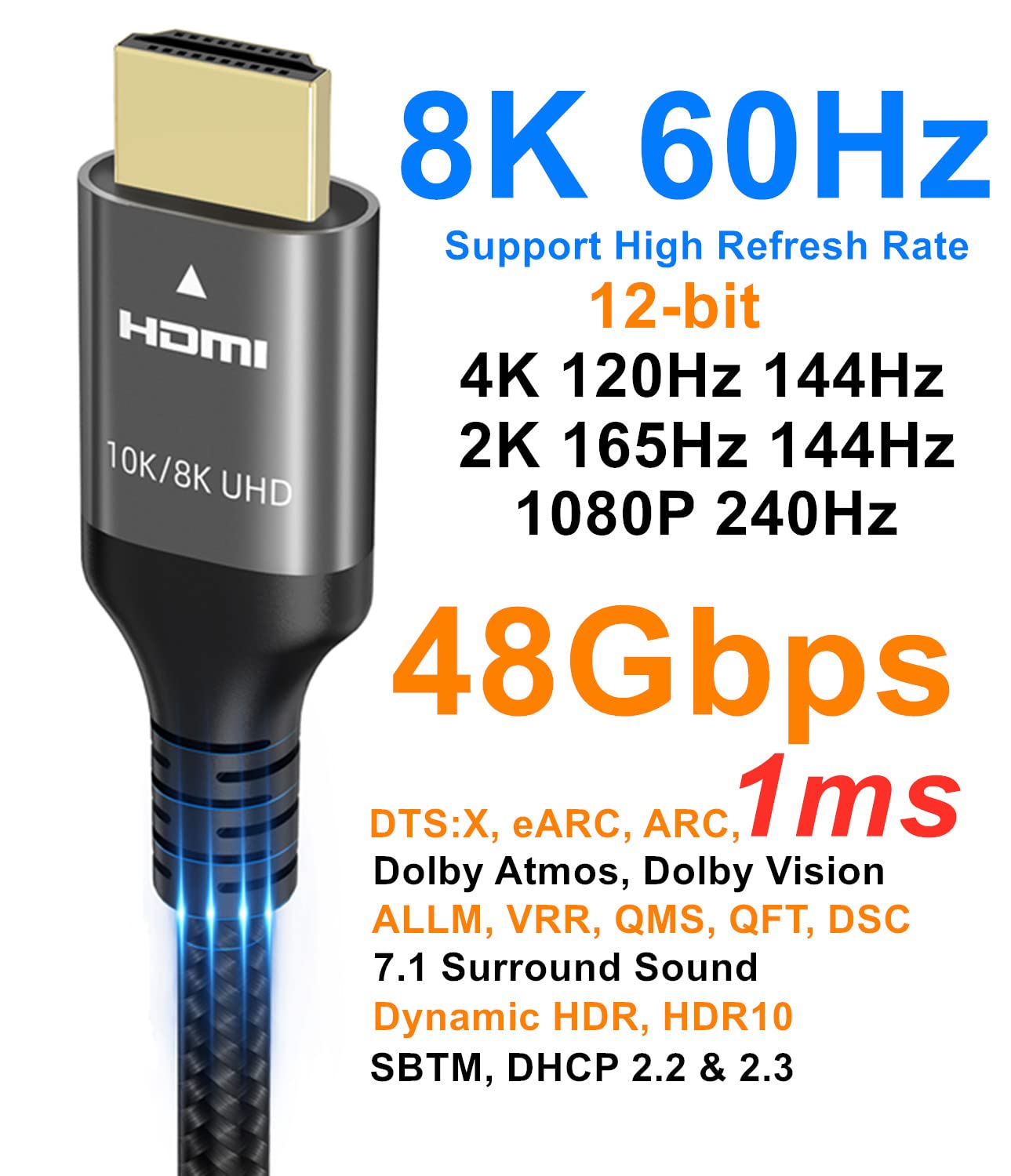 10K 8K 4K HDMI Cable 48Gbps 3.3 FT, Certified Ultra High Speed HDMI® Cable 4K 240Hz 144Hz 120Hz 8K60Hz 0.01ms HDR10+ eARC HDCP2.3 Netflix Roku TV PC Monitor Projector PS5 Xbox