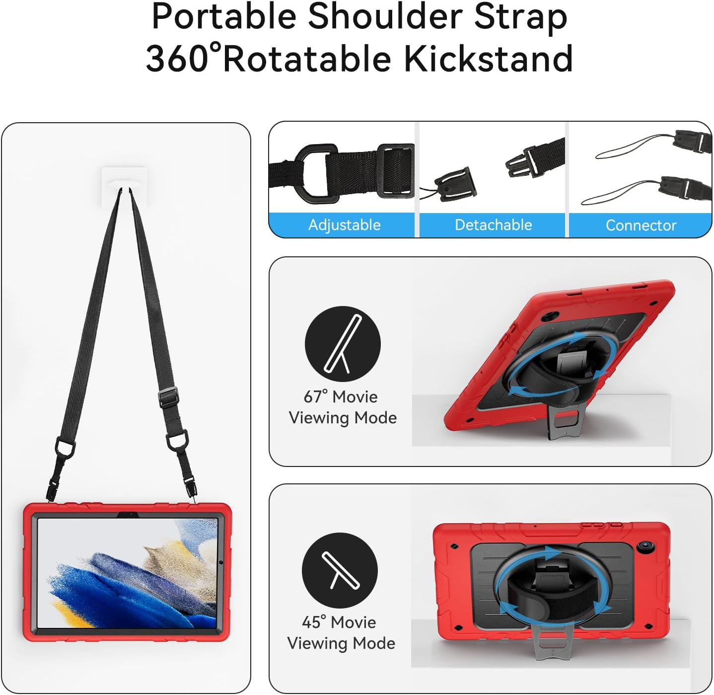 for Samsung Galaxy Tablet A8 Case 10.5 inch 2022 SM-X200/X205/X207 with Screen Protector [360 Rotating Stand] &Hand Shoulder Strap Shockproof Rugged Protective Cover|Red&Black