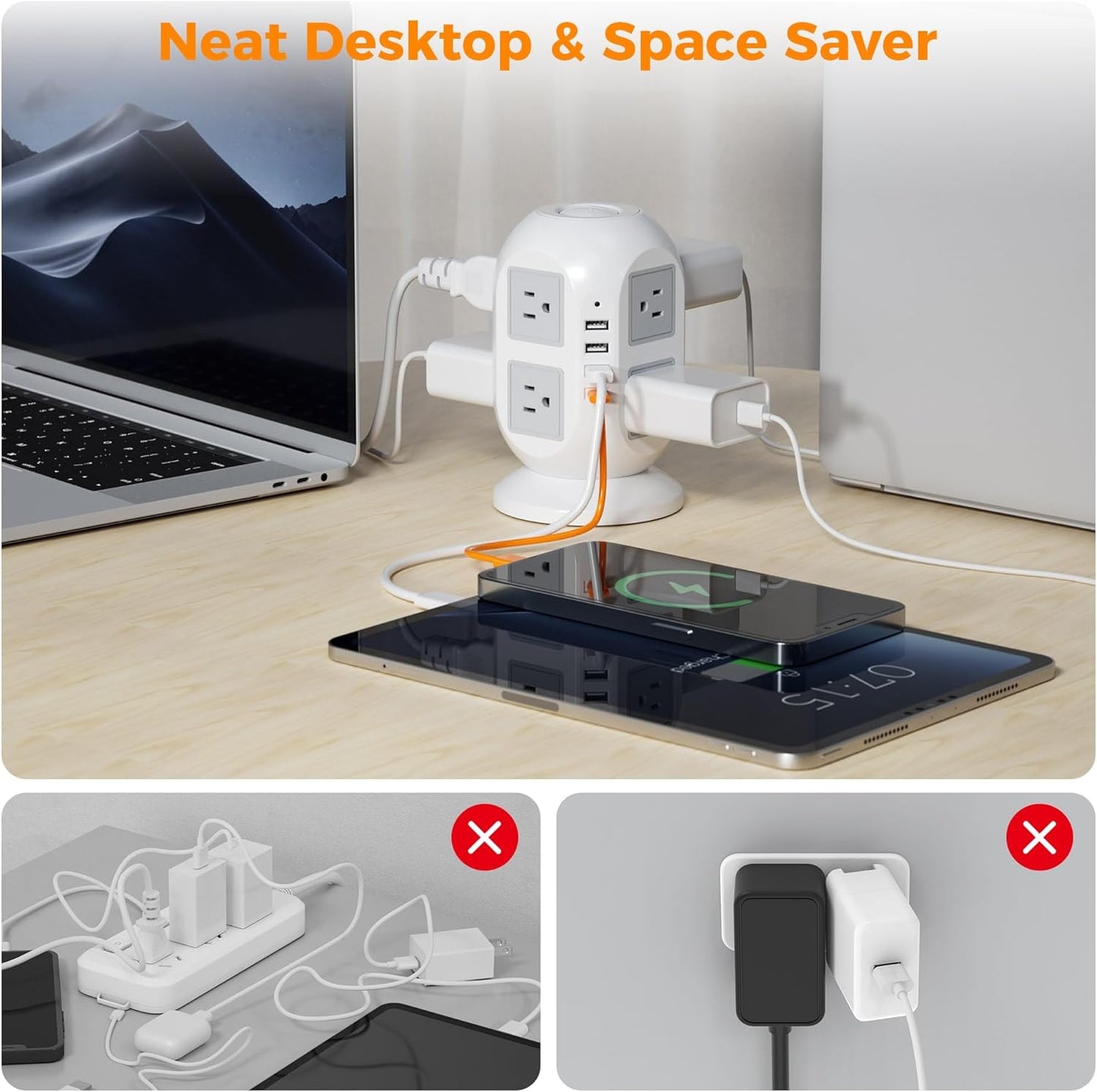 Tower Surge Protector Power Strip 15 ft, TESSAN Long Flat Extension Cord with Multiple Outlets, 8 AC Outlets with 4 USB Ports (1 USB C), Charging Station with Surge Protection, for Home Office Dorm