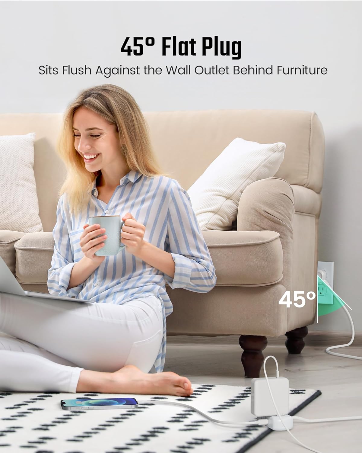 SUPERDANNY Power Strip with USB, Mini Desktop Charging Station with 2 Wide-Spaced Outlets & 4 USB Ports, 2ft Portable Flat Plug Extension Cord for Travel, Dorm, Room, Home Office Essentials, White