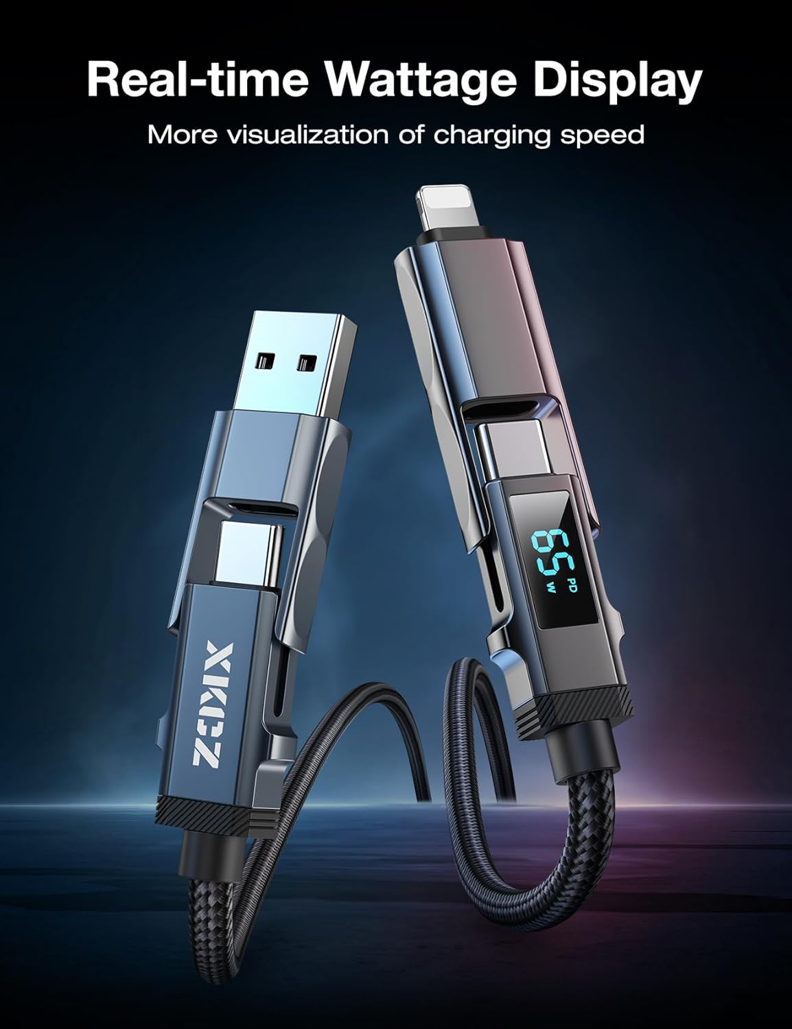 4 in 1 USB C Cable with Wattage Display, 65W Round Nylon Braided Multi Charging Cable with Data Sync, USB C Charging Cord Combo Type C/USB A/iPhone Port for iPhone/iPad/Samsung/Laptop, 5FT