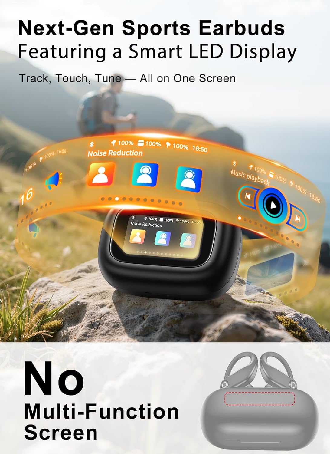 Wireless Earbuds, ENC Noise Cancelling Sport Ear Buds with Multifunctional Touch Screen, Bluetooth 5.4 Headphones, Bass Stereo Sound, 5 EQ Over The Ear Earbuds for Sports/Workout/Gym-Black