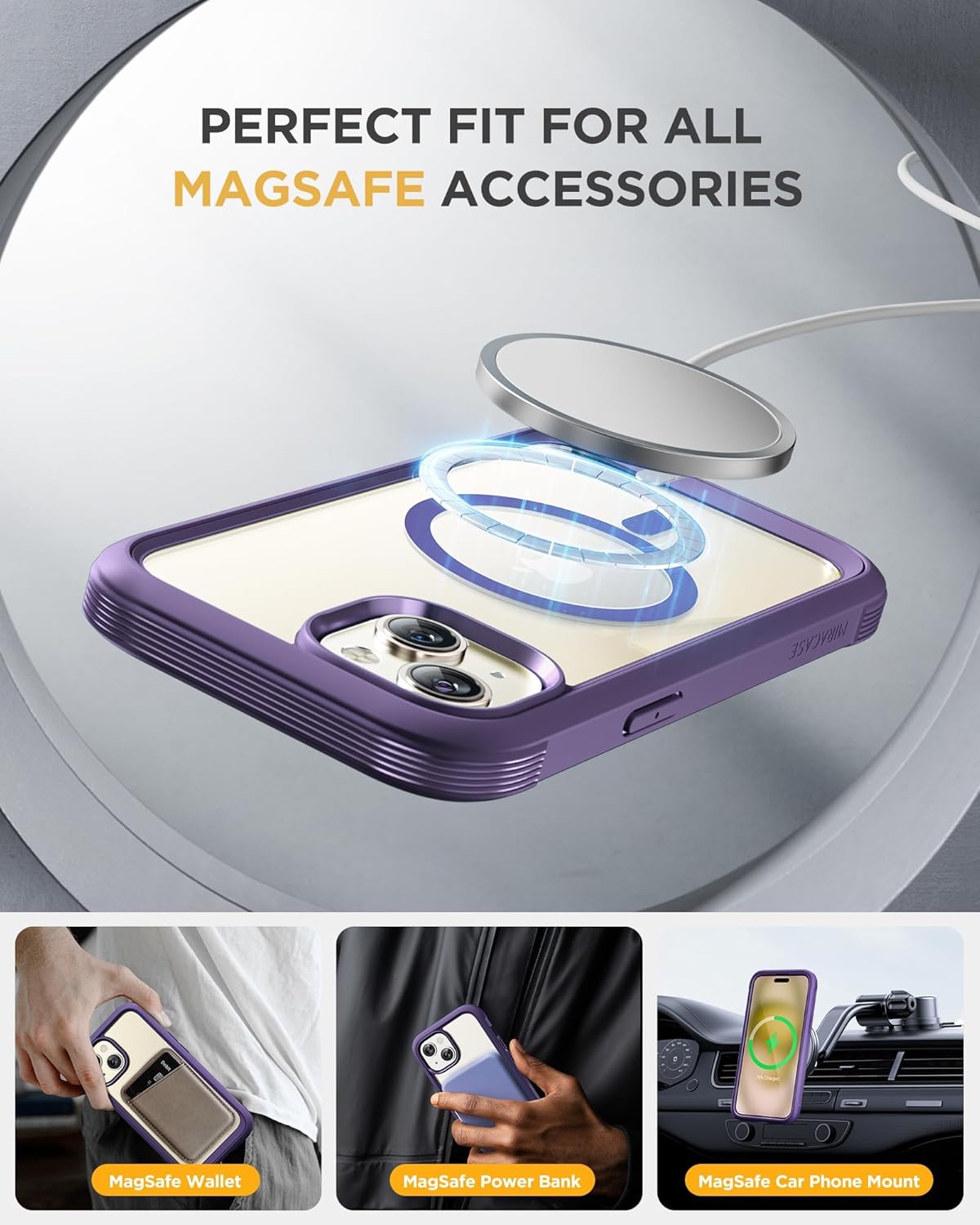 Miracase Glass Series for iPhone 15 Case [Compatible with MagSafe] Full-Body Magnetic Case with Built-in 9H Tempered Glass Anti-Fingerprint Screen Protector + Camera Lens Protector, Purple