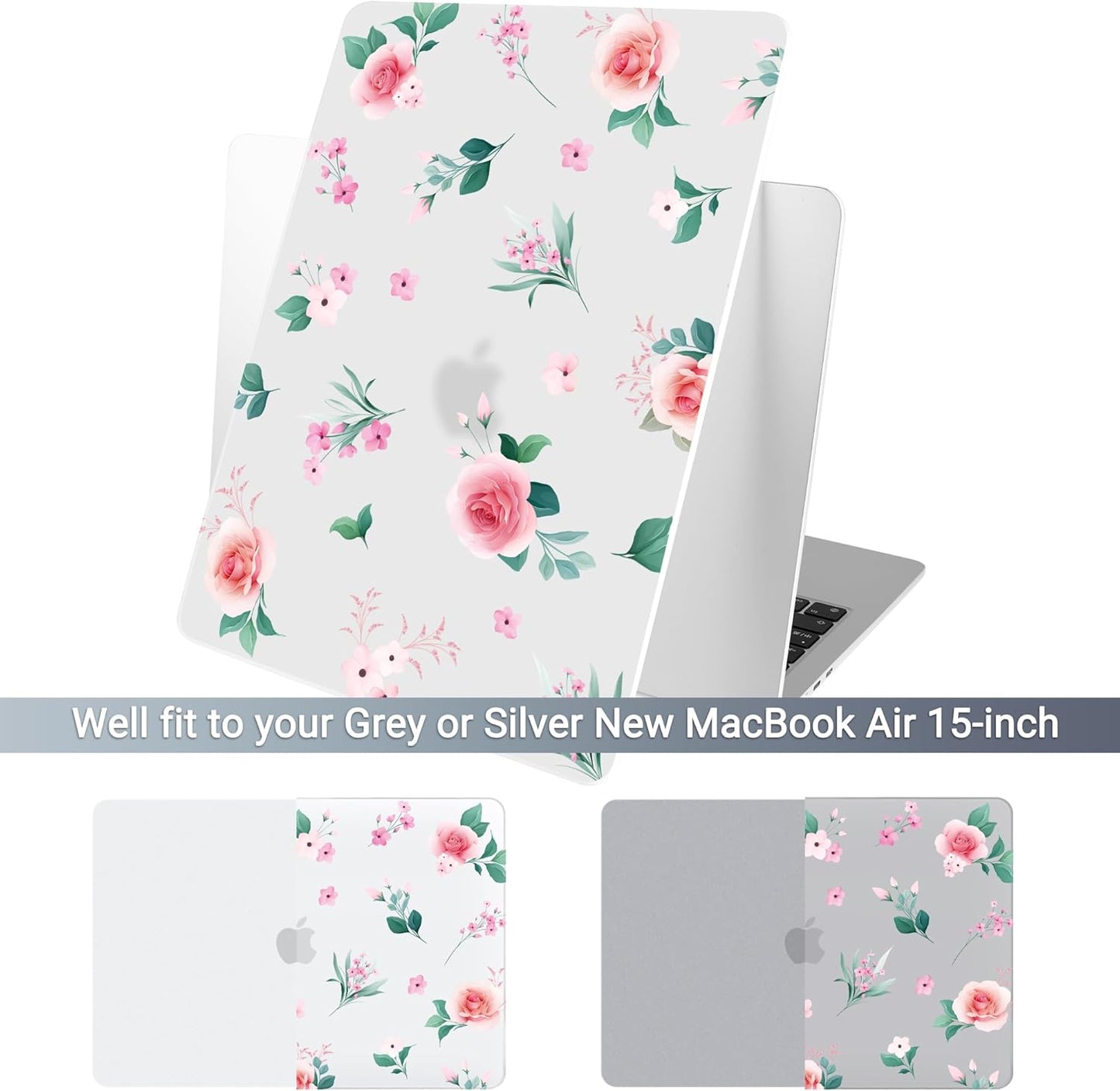 Batianda Premium Case for New MacBook Air 15 inch 2025 M4 2024 2023 with M3 M2 Chip, Floral Designed Protective Plastic Hardshell & Keyboard Cover & Screen Protector, Spring Flowers, Peach Rose