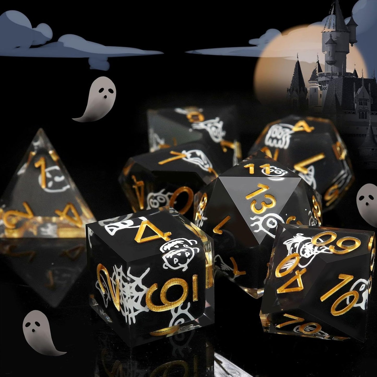 Haxtec Sticker Sharp Edge Dice Halloween Dice Resin DND Dice Set 7PCS Glow in The Dark Polyhedral D&D Dice for Compatible with Dungeons and Dragons