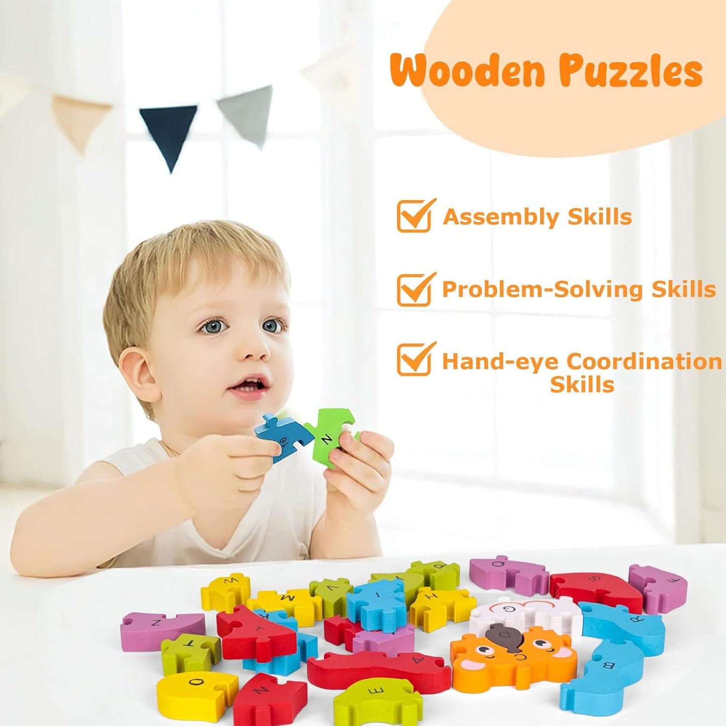 LovesTown Wooden Puzzle Learning Toys Alphabet Number Building Blocks Educational Gift for Preschool Kids Animal Lion Jigsaw 26 PCS