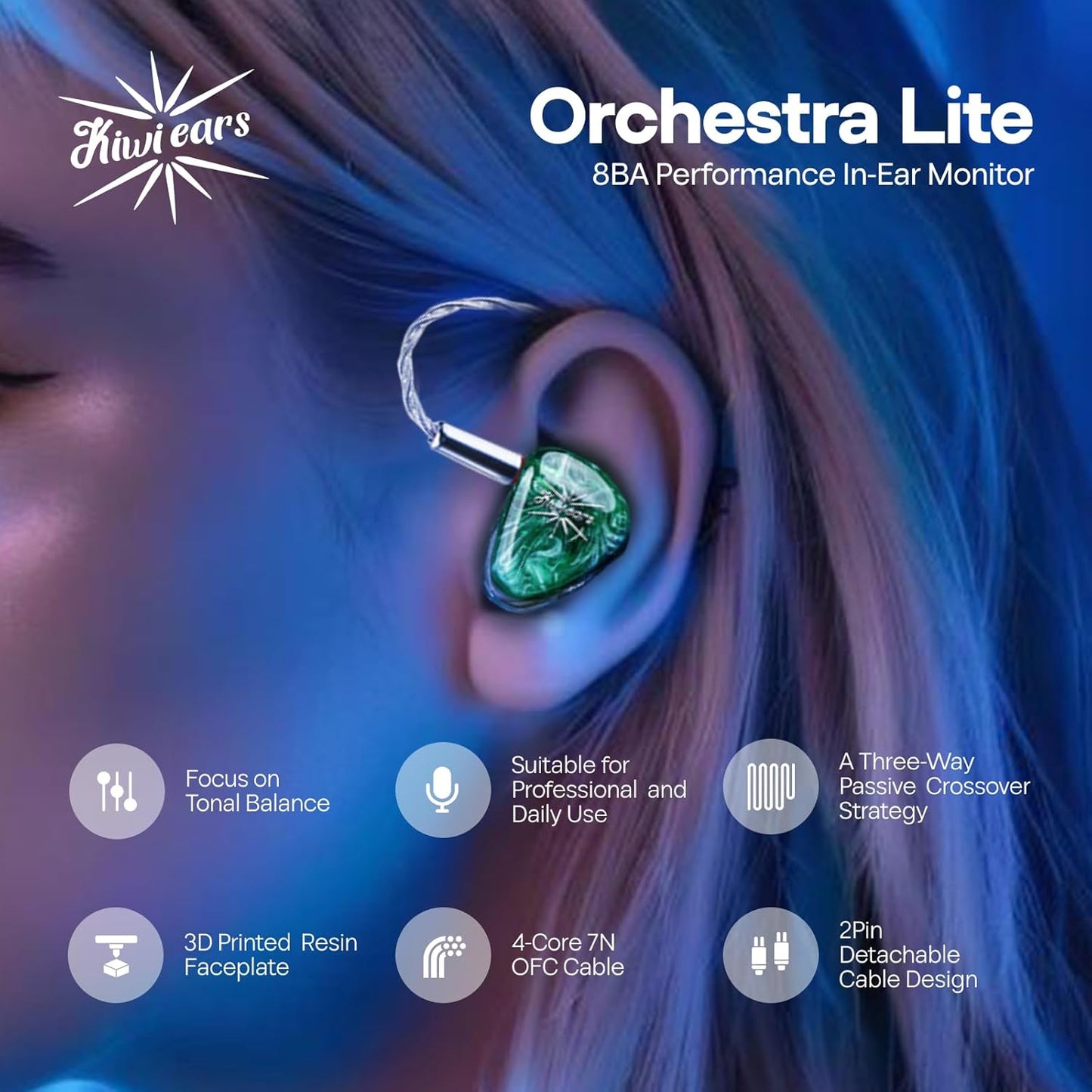 Linsoul Kiwi Ears Orchestra Lite Performance Custom 8BA in-Ear Monitor IEM with Detachable 4-core 7N Oxygen-Free Copper OFC Cable, Handcrafts Faceplate for Audiophile Studio Musician (Green)