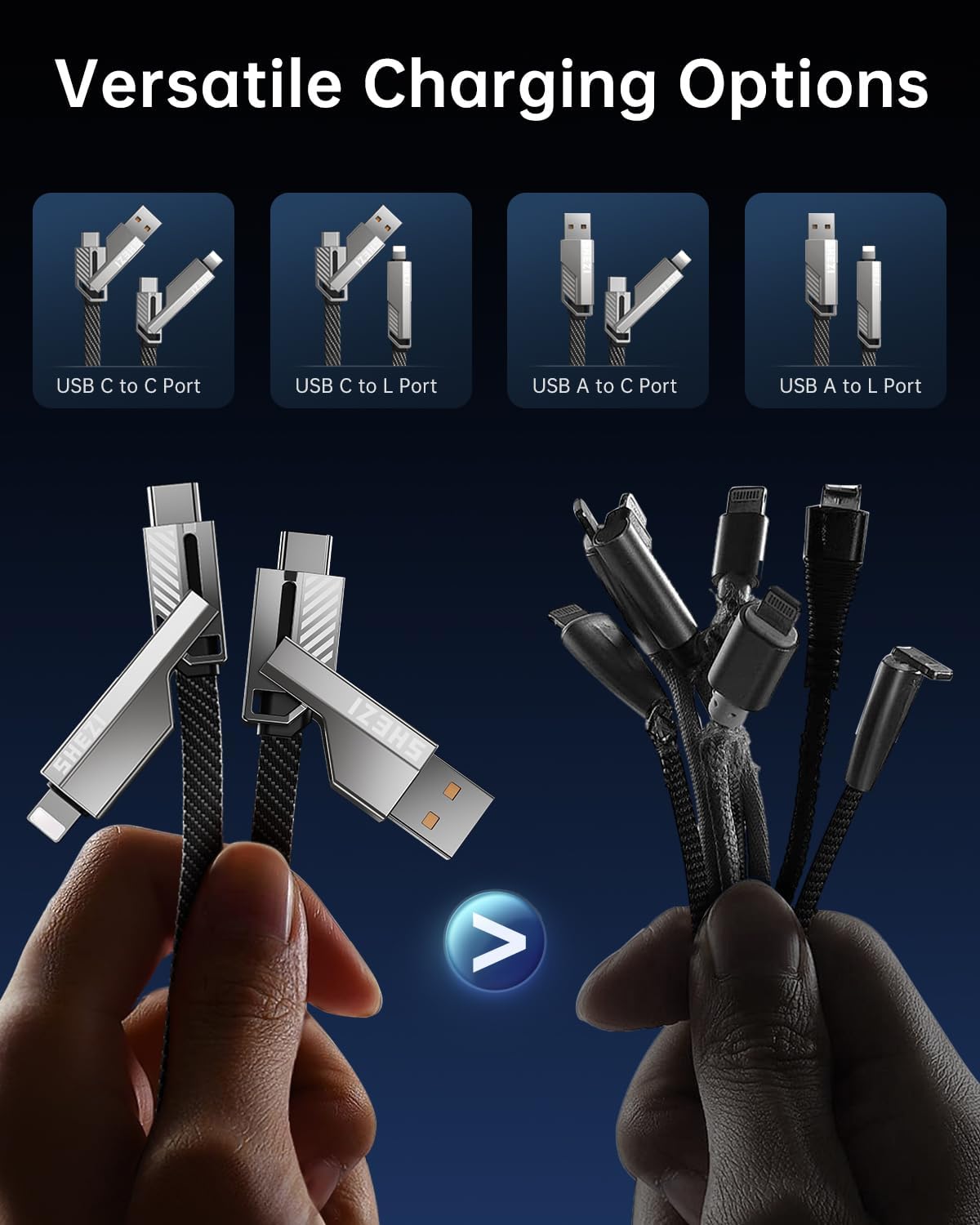 [One is Enough] 4-in-1 Compatible with USB C to Lightning Cable, 60W High-Speed Charging & Fast Data Transfer,CarPlay & Android Auto Support Multi Charger Cord Combo for iPhone/Samsung/iPad,5FT