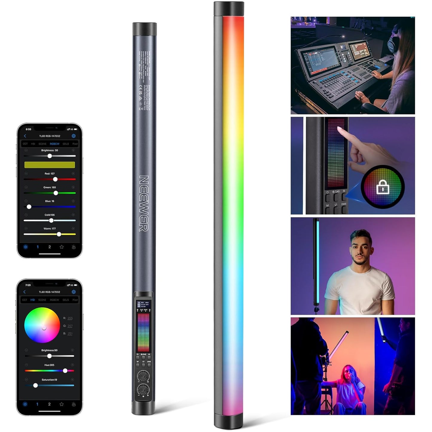 NEEWER TL60 RGB Tube Light, 20W Full Color RGBWW LED Video Lighting Wand Stick for Studio Photography Recording Streaming, APP/2.4G/DMX Control, 7 Pixel Effects 18 Scenes, 2500-10000K CRI97+ TLCI98+