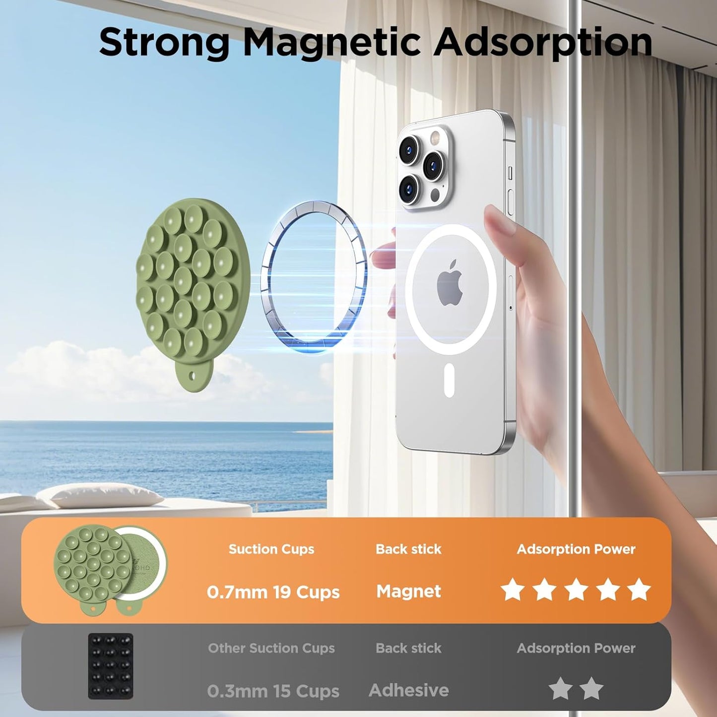 Magnetic Suction Cup Phone Mount for MagSafe Case, Silicone Hands-Free Grip Holder for iPhone and Android, Mirror Shower Phone Stand for Makeup FaceTime Gym Kitchen Bathroom, Tea Green