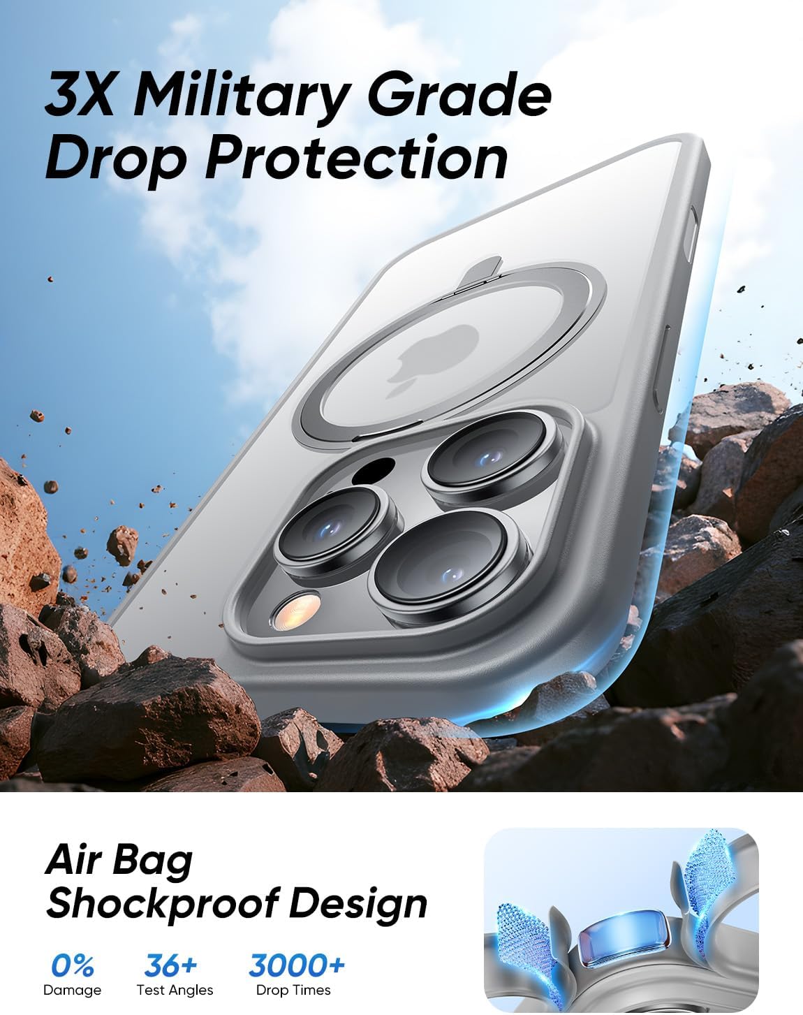 MAGIC JOHN 360° Rotatable Magnetic Invisible Stand for iPhone 16 Pro Case [Camera Control Button] [Compatible with MagSafe] 16FT Shockproof for iPhone 16 Pro Case with Kickstand, Gray