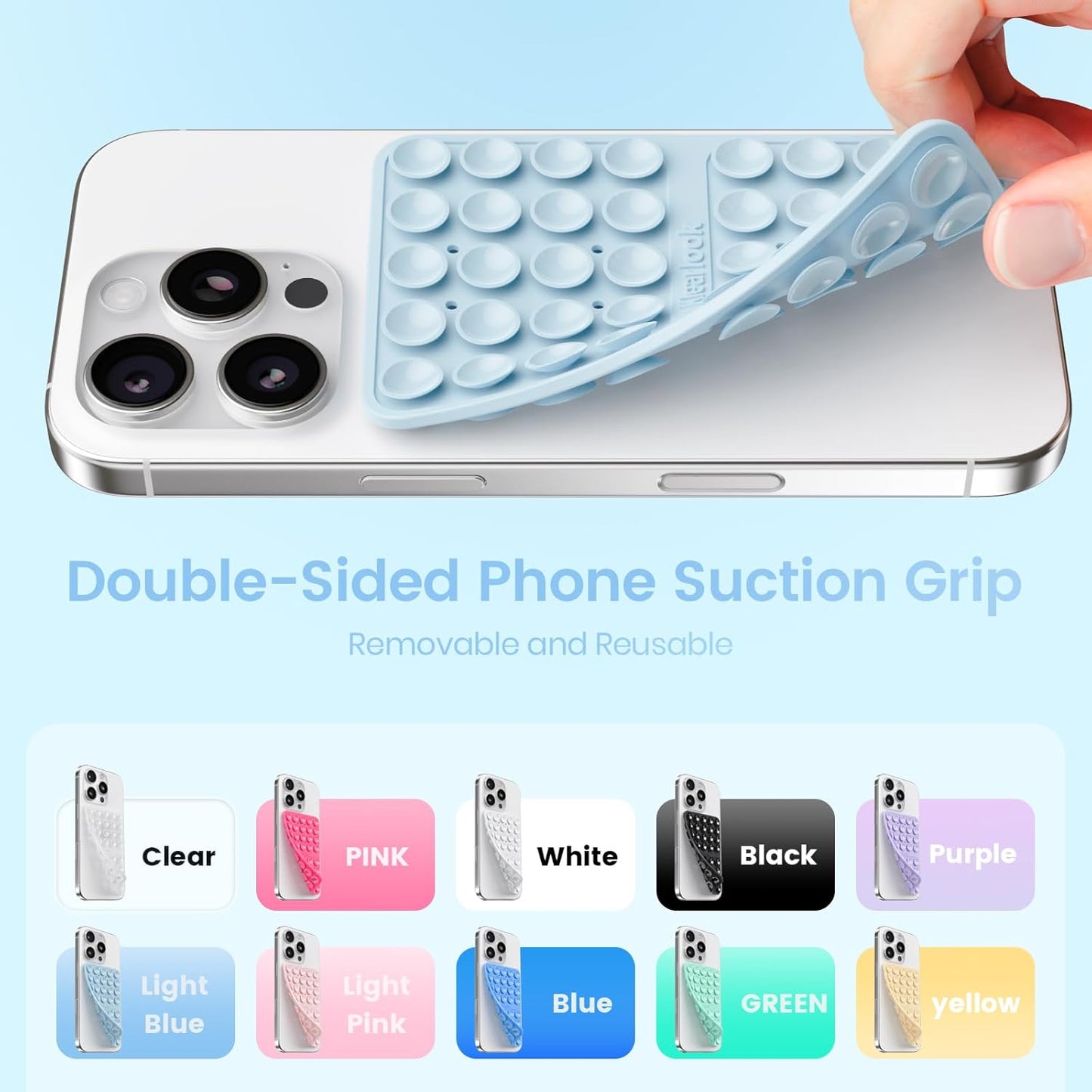 2PCS Silicone Suction Cup Phone Case Mount Double Sided, Hands-Free Phone Accessories Holder for Selfies and Videos, Silicon Sticky Phone Grip for iPhone and Android Light Pink&Light Blue