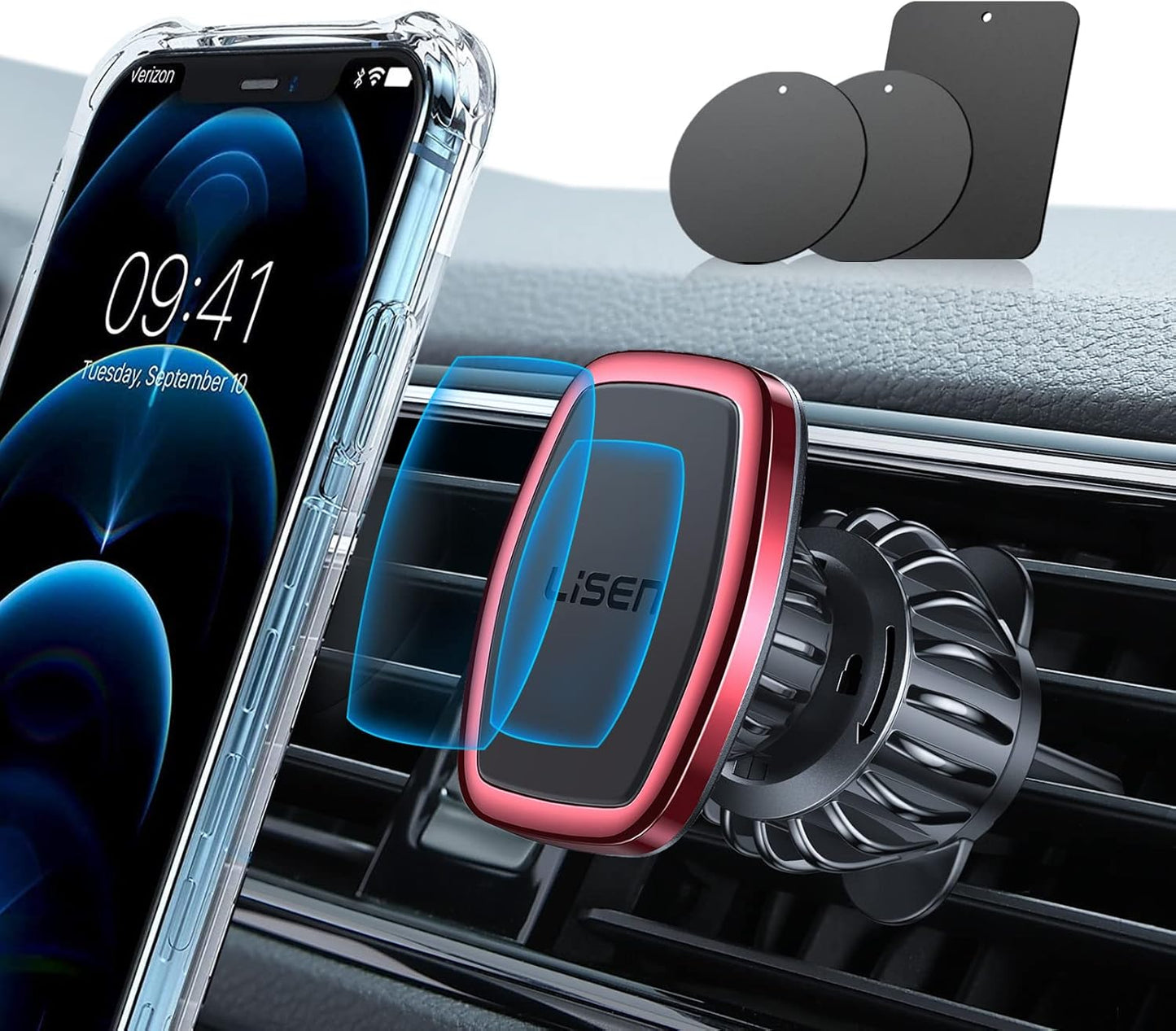 LISEN Magnetic Phone Holder for Car Upgraded Clip Ultra Car Phone Holder 6 Strong Magnets Cell Phone Holder Car Magnetic Case Friendly Phone Car Holder Mount for 4-6.7 inch Smartphones (Red)
