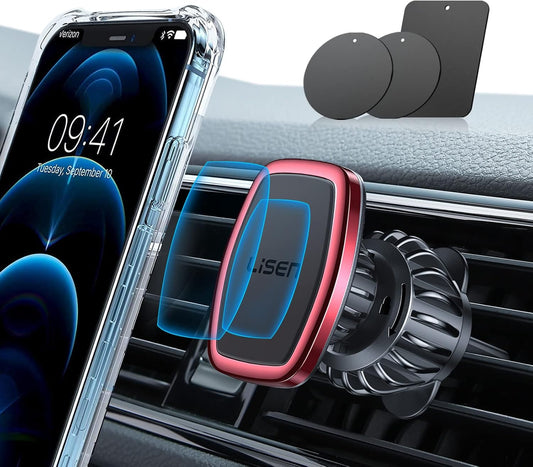 LISEN Magnetic Phone Holder for Car Upgraded Clip Ultra Car Phone Holder 6 Strong Magnets Cell Phone Holder Car Magnetic Case Friendly Phone Car Holder Mount for 4-6.7 inch Smartphones (Red)