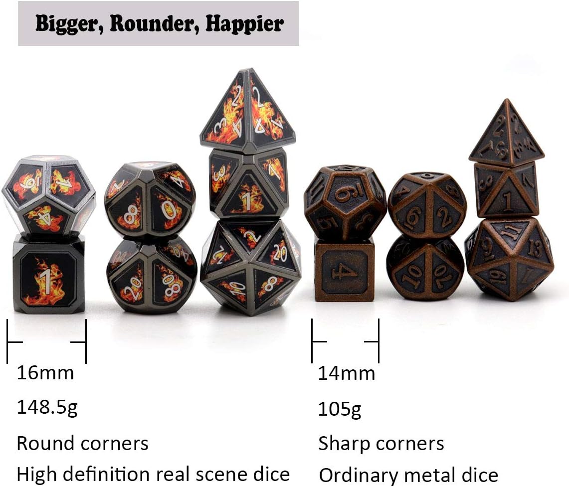 Haxtec Fire Bolt Real Scene Metal DND Dice Set Black Polyhedral Metal Dice for D&D Compatible with Dungeons and Dragons Gifts TTRPG Games-Dark Fire
