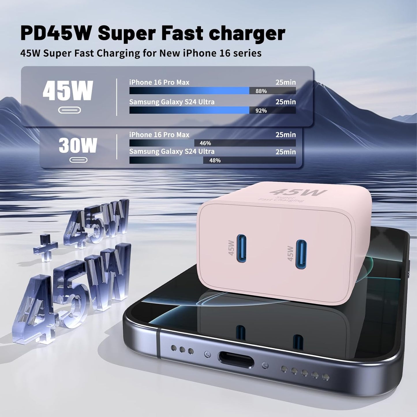iPhone 16 15 Pro Max Charger Fast Charging,45W Dual Port USB C Fast Charger Block [2-Pack] & Extra Long 60W 3/6/10/10FT USB C Cable - PD Quick Adapter 3.0 for iPhone 16 15/16 15 Pro/16 15 Plus.