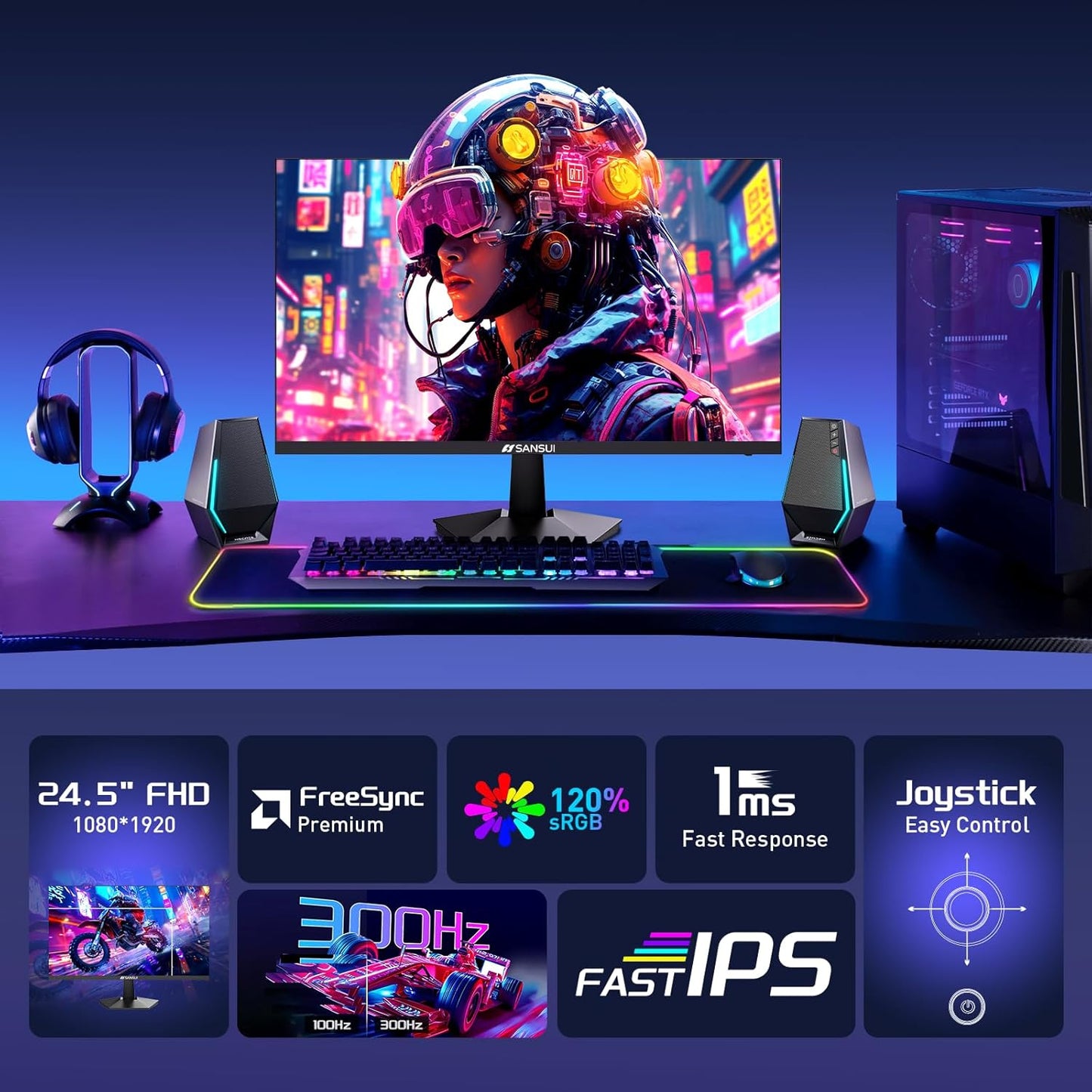 SANSUI Gaming Monitor, 24.5" 300hz 240hz FHD 1080P 1ms FPS PC Monitor Gaming, HDR, FreeSync, DisplayPort x2 HDMI x2, Fast IPS, 120% sRGB, Audio Jack, VESA Support, Desktop Compatible(ES-G25X1 PRO)