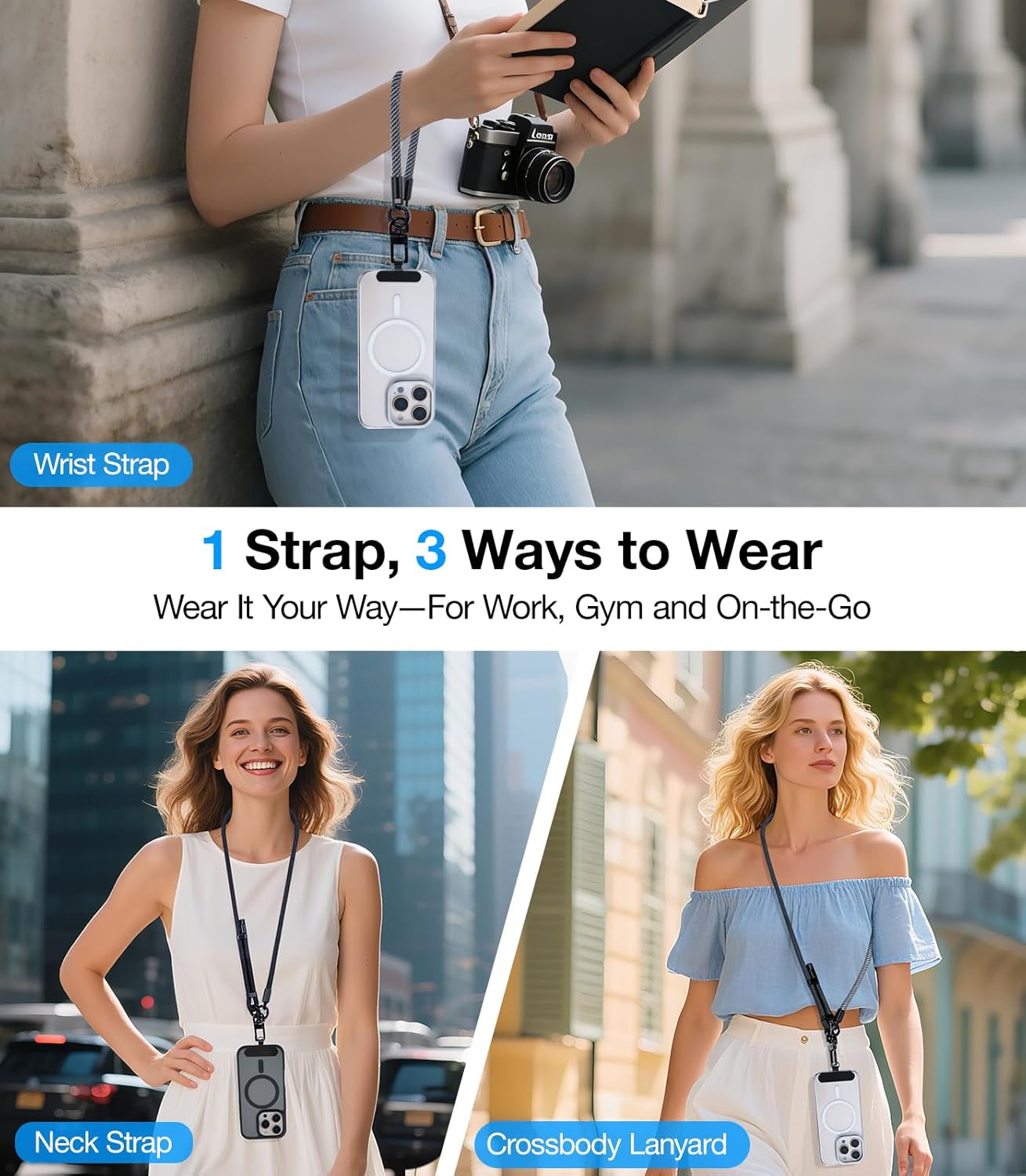 Phone Lanyard Crossbody, 3-in-1 Neck Strap& Wrist Strap, Adjustable Anti-Theft Lanyard with 2 Phone Tether Tabs, Universal Cell Phone Strap for iPhone& Android Case, Travel Essential, Black