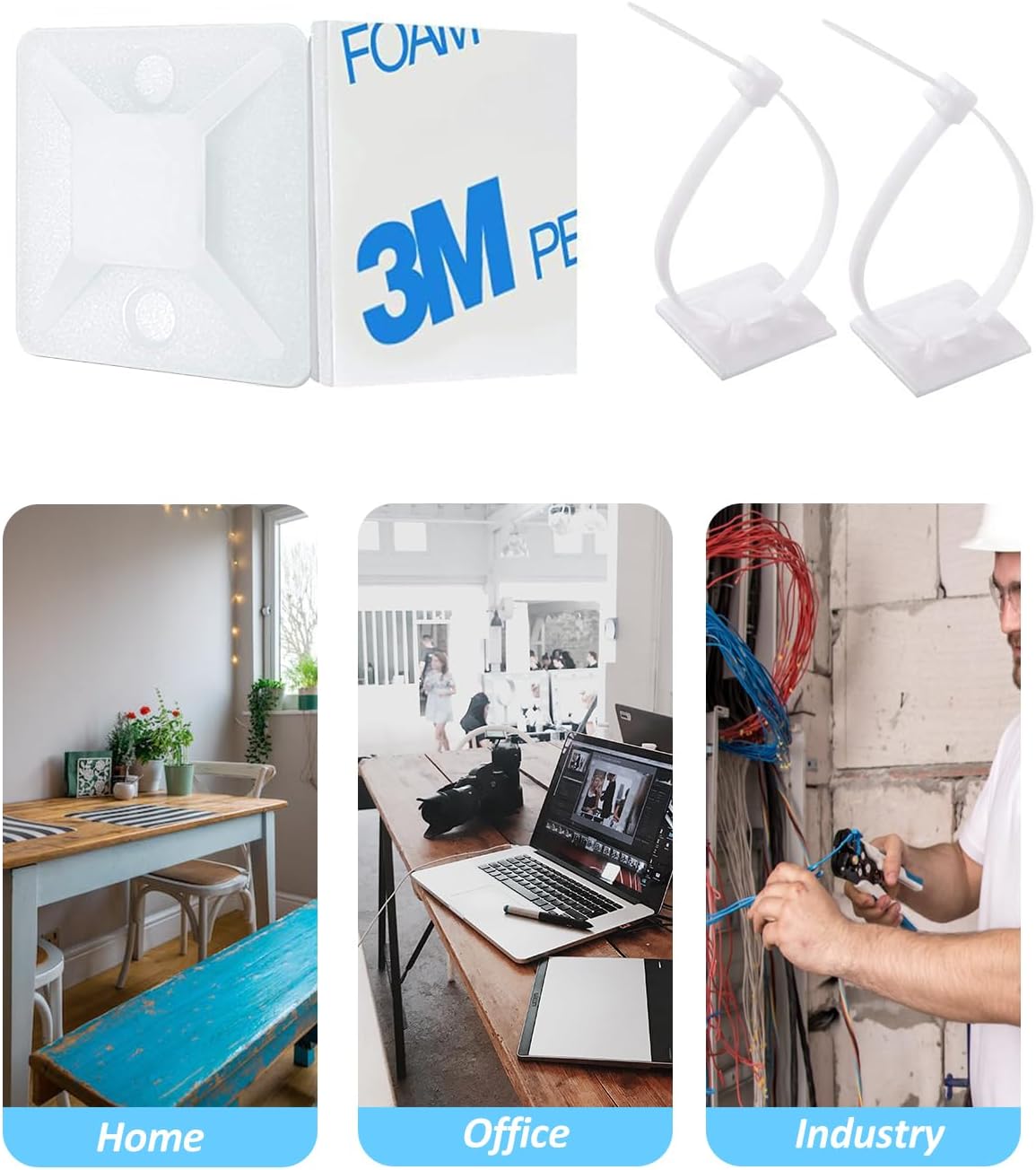 Cable Management Kit - 100 Set Adhesive Cable Zip Tie Mounts with 8" Zip Ties | UV Resistant Wire Organizers for Indoor/Outdoor Use - White