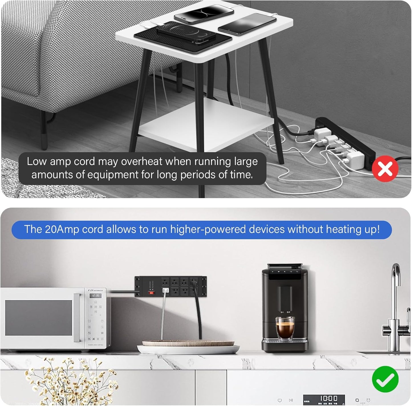 CCCEI Black Heavy Duty Power Strip Surge Protector 20 AMP, 8 Outlets 12 Gauge Industrial Shop Garage Metal Multiple Outlets, 12 FT Extension Cord 5-15P Adapter High Amp 6-20R T-Slot 20a for Appliance