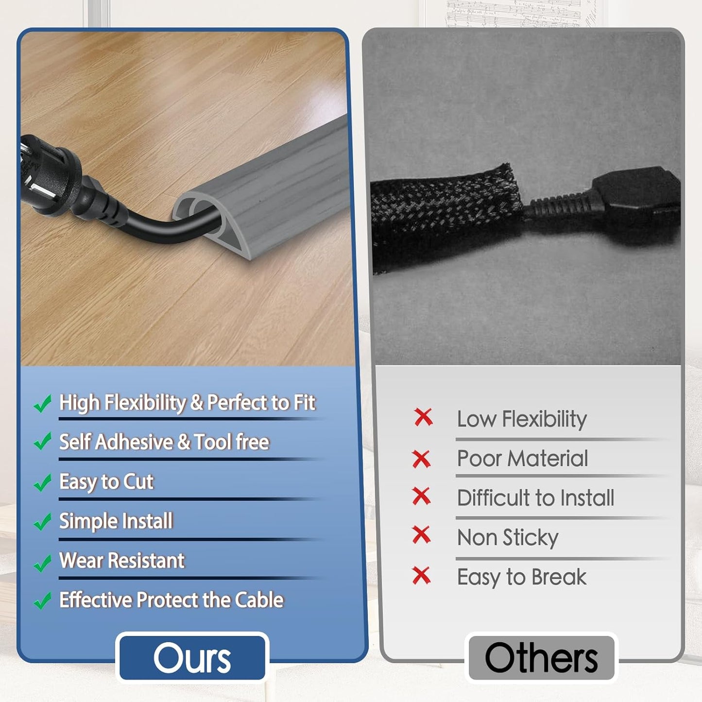 Floor Cord Cover for Wires on Floor Self Adhesive Cord Hider Floor Cable Management Wire Covers for Cords Protector Prevent Cable Trips Cord Cavity W 0.32" x H 0.32", Gray Wood, 20Ft