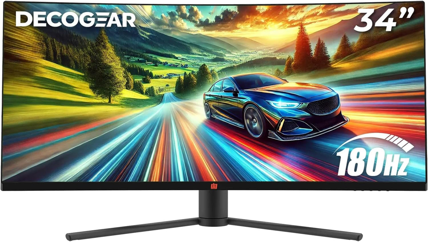 Deco Gear 34" 3440x1440 21:9 Ultrawide Curved Monitor, 180Hz, HDR10, 4000:1 Contrast Ratio, 99% sRGB, 16.7 Million Colors, Adaptive Sync, Blue Light Reduction