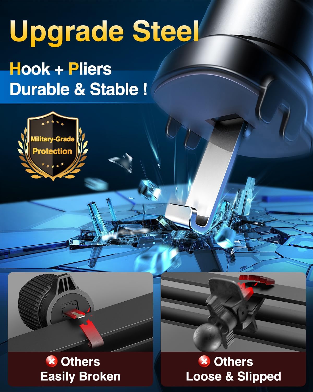 VANMASS Car Phone Holder Mount 2025 Upgraded [Patent Steel-Hook] Car Vent Phone Mount Clip Military-Grade Shockproof Cell Phone Car Mount Handsfree Truck Stand Vent Cradle for iPhone 16 Android,Black