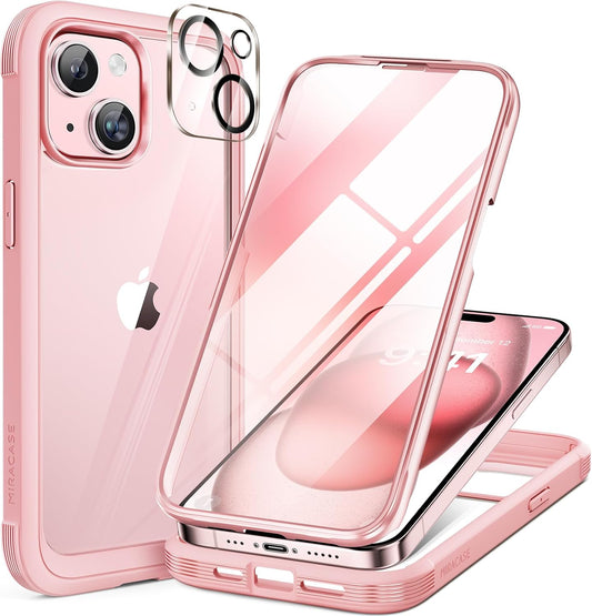 Miracase Glass Series Designed for iPhone 15 Plus Case 6.7',Full-Body Military Drop Proof 15 Plus Phone Case Cover with Built-in 9H Tempered Glass Screen Protector,Pink