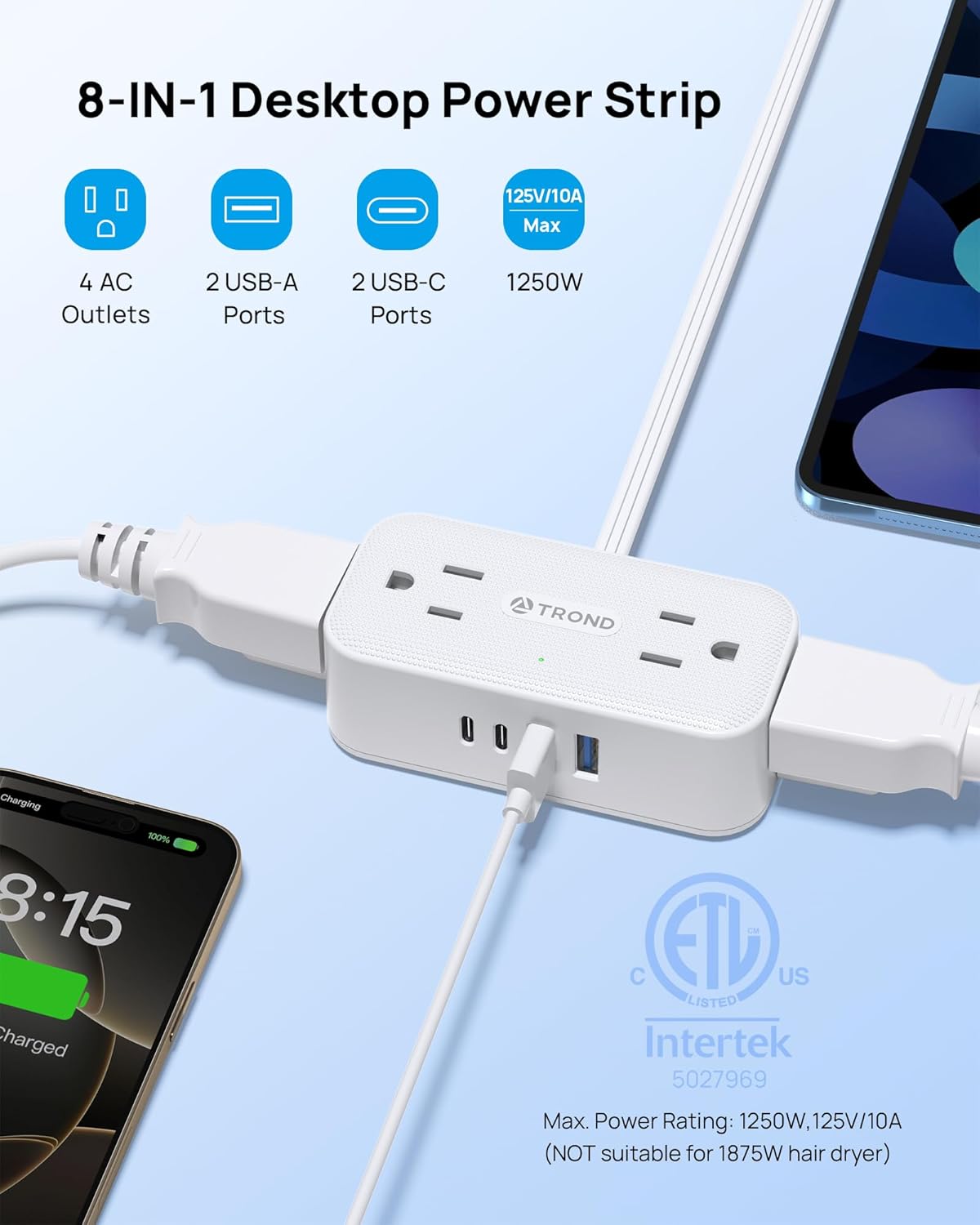 TROND 360° Rotating Flat Plug Power Strip, 10FT Extension Cord with 4 USB Ports, 4 Wide Spaced AC Outlets, Wall Mount, Surge Protector Power Strip for Office Travel Dorm Room Essentials, White