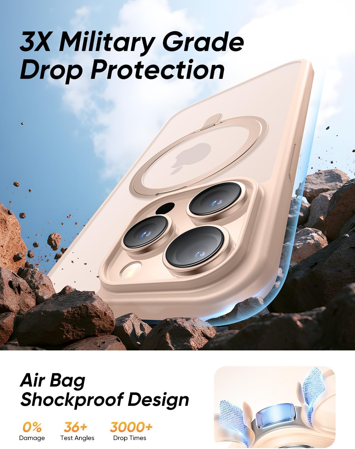 MAGIC JOHN 360° Rotatable Magnetic Invisible Stand for iPhone 15 Pro Max Case [Anti-Slip Grip] [Compatible with MagSafe] 16FT Shockproof for iPhone 15 Pro Max Case with Kickstand, Rose Gold