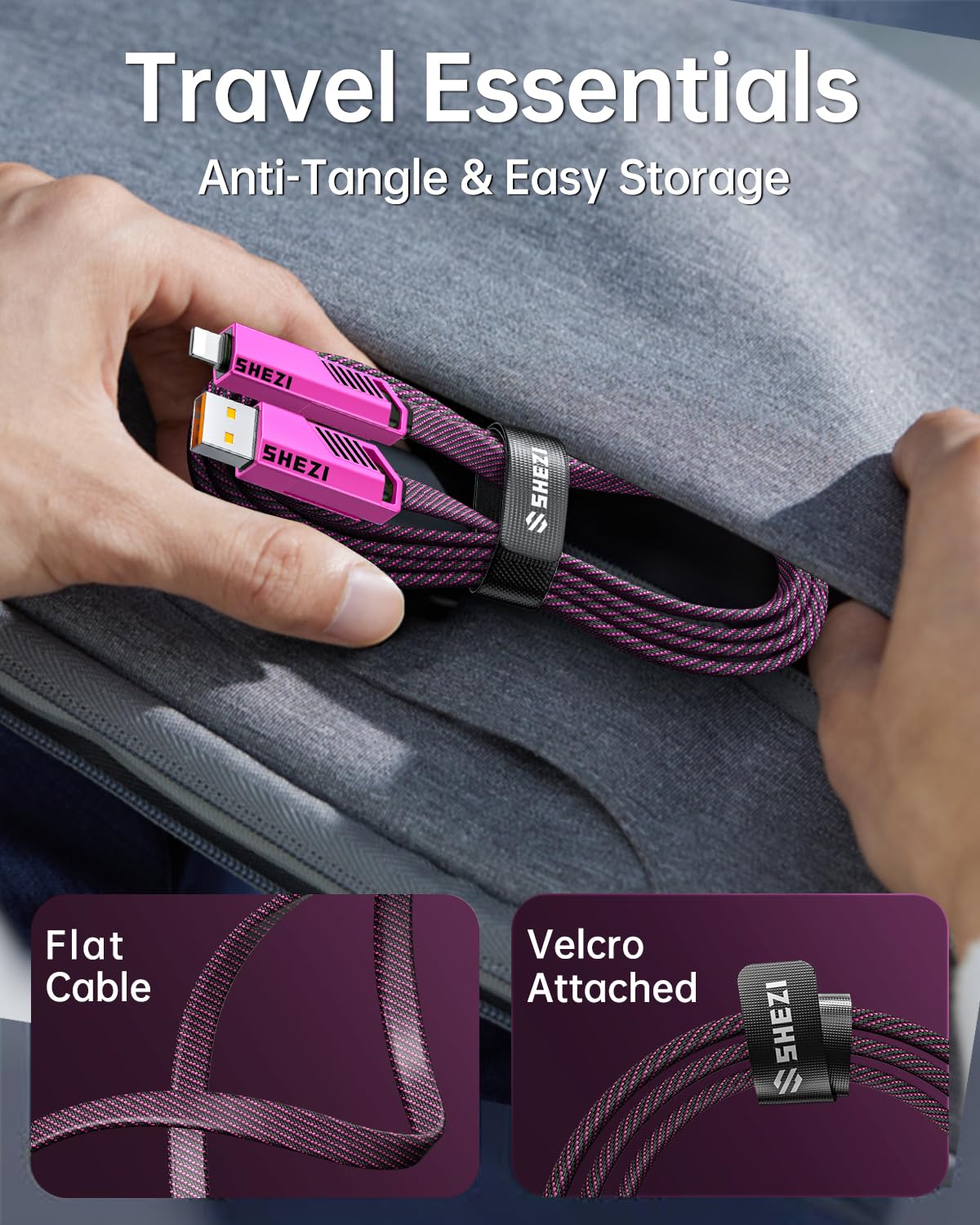 SHEZI [Upgraded 2.0] 4-in-1 USB C Cable 60W 10FT Fast Charging [480Mbps Data Sync] Flat Nylon Braided Charger Cord Combo, USB A/C to C/L Multi Charge Cable for iPhone/iPad & Most Devices, Pink