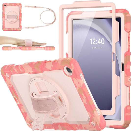 SEYMAC stock Case for Samsung Galaxy Tab A9+ Plus 11'', Full-Body Drop Protection Case with Screen Protector Pencil Holder [360° Rotating Hand Strap] &Stand, Pink Camo