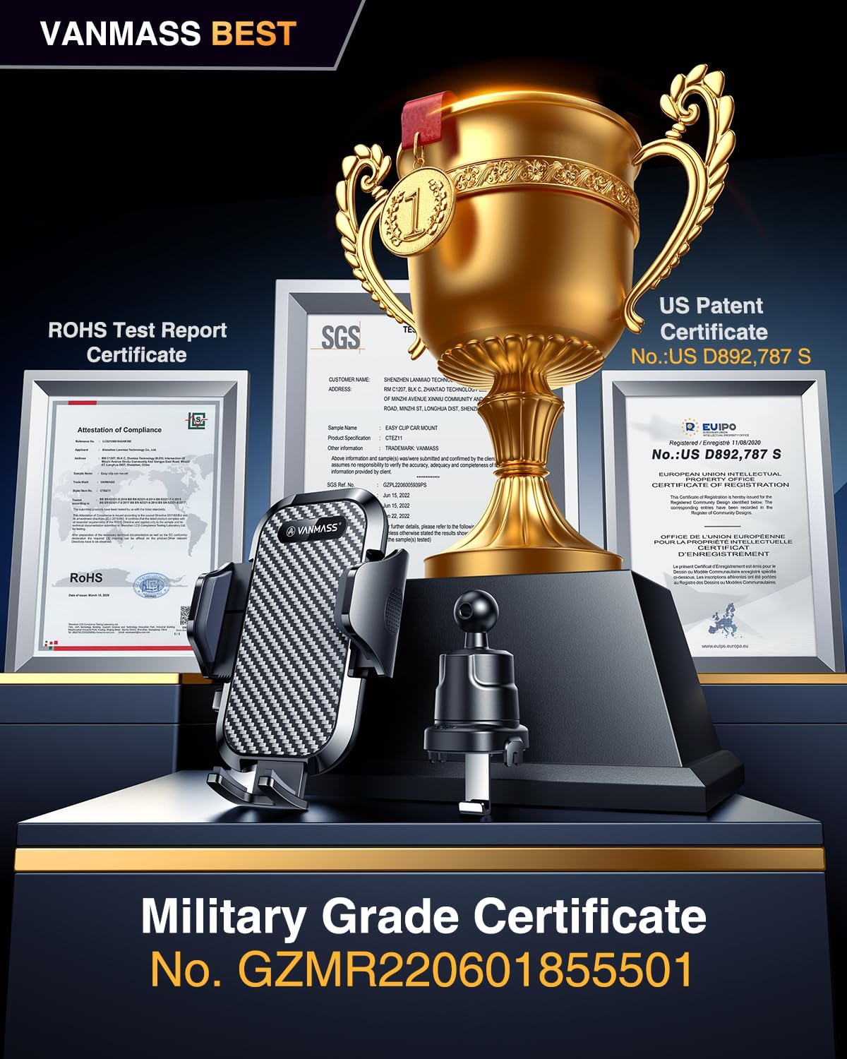 VANMASS Car Phone Holder Mount 2025 Upgraded [Patent Steel-Hook] Car Vent Phone Mount Clip Military-Grade Shockproof Cell Phone Car Mount Handsfree Truck Stand Vent Cradle for iPhone 16 Android,Black