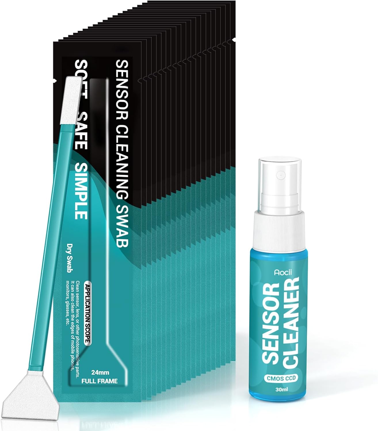 Aocii 20pcs Full Frame Camera Sensor Cleaning Kit, Lens Solution, 24mm Swab, 30ml Cleaner for Sony Nikon Canon FF CCD CMOS (Dust-Free Vacuum Packaging)