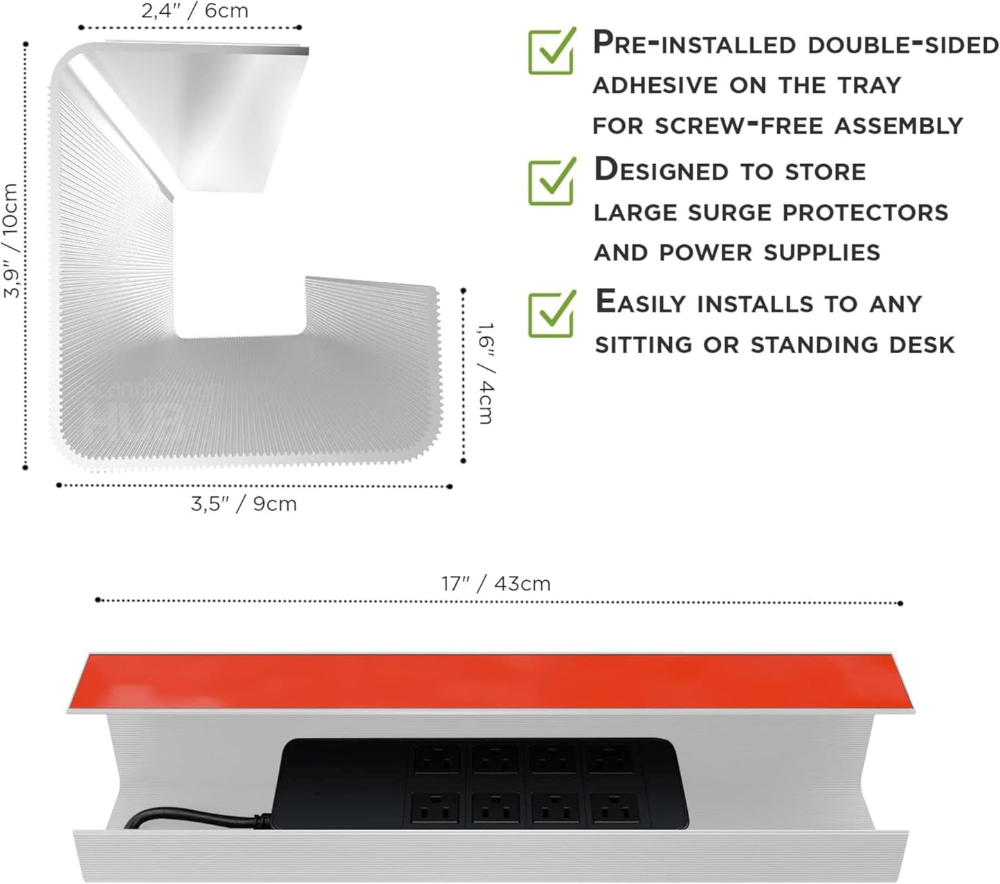 No-Screw Under Desk Cable Management Tray - Self-Adhesive Installation, Cord Management, Cable Tray, Under Desk Wire Organizer - White Single Tray
