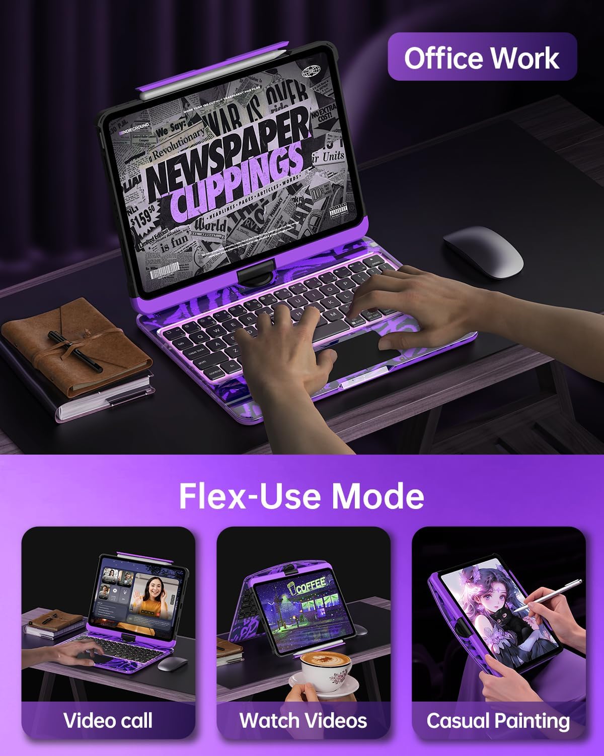 Intermerge for iPad 9th 10.2 inch Keyboard Case, 360° Transparent Multi-Touch Trackpad, 7-Color Backlit Keyboard, Pencil Holder, Type-C, Power Indicator for 9th/ 8th/ 7th - Neon Pulse