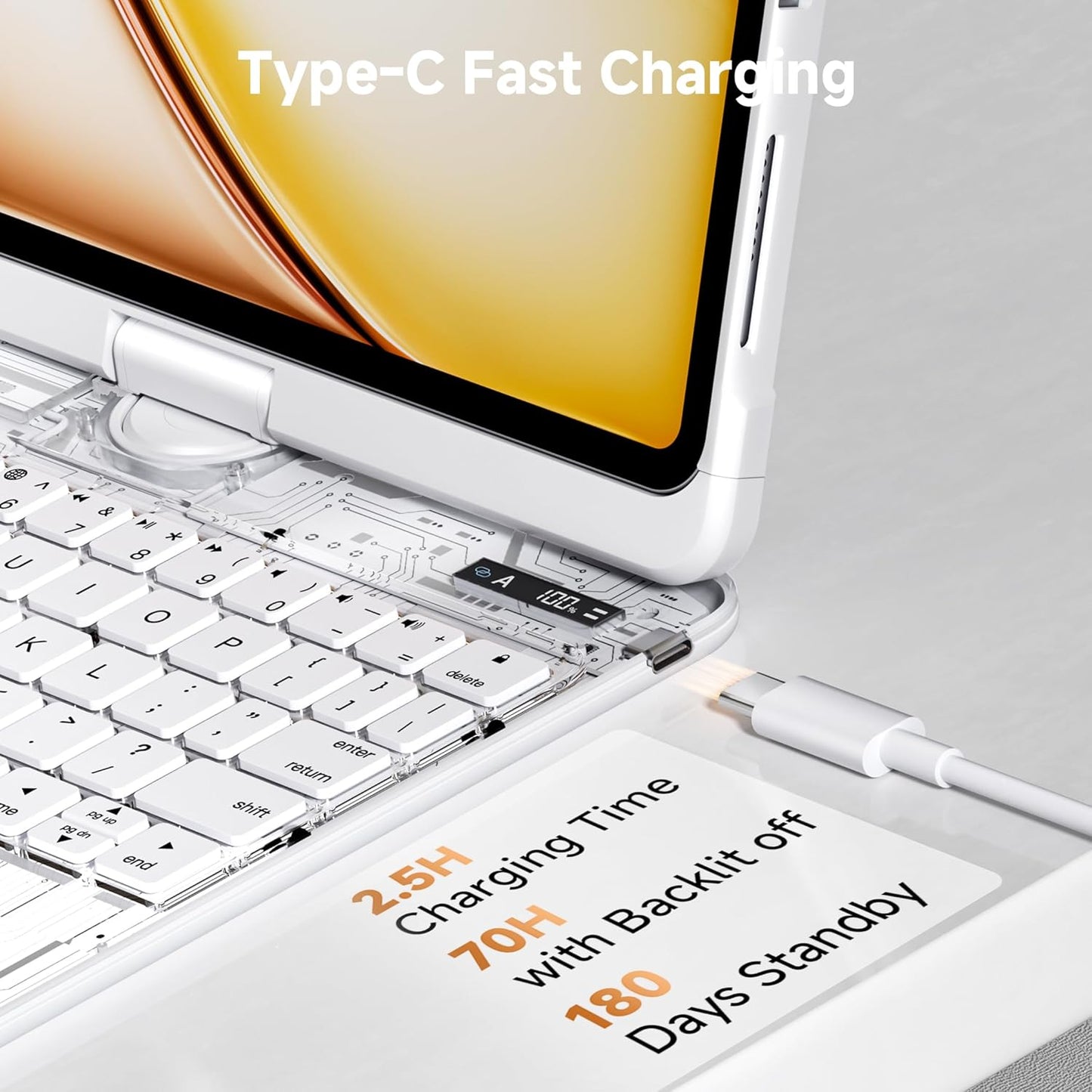 iPad Keyboard Case for 2024 M4 iPad Pro 11 inch, Magic Wireless Keyboard with Trackpad 7 Color Backlit, 360° Rotating Stand Transparent Protective Cover with Pencil Holder (White)