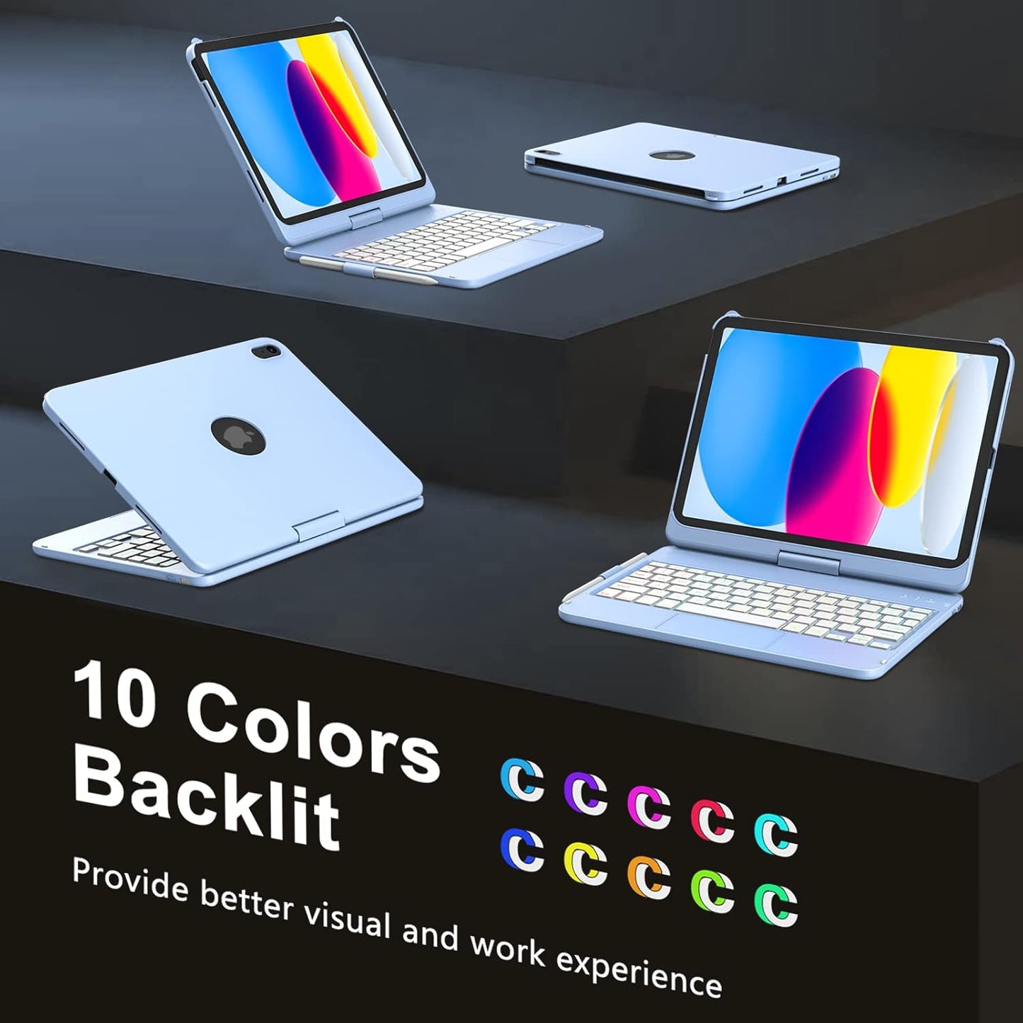 for iPad A16 11th Generation/10th Generation Case with Keyboard,Touch Keyboard for iPad 11" /10th Gen 10.9 inch 2022-10 Color Backlight, 360° Rotatable Protective Cover (Ocean Blue)