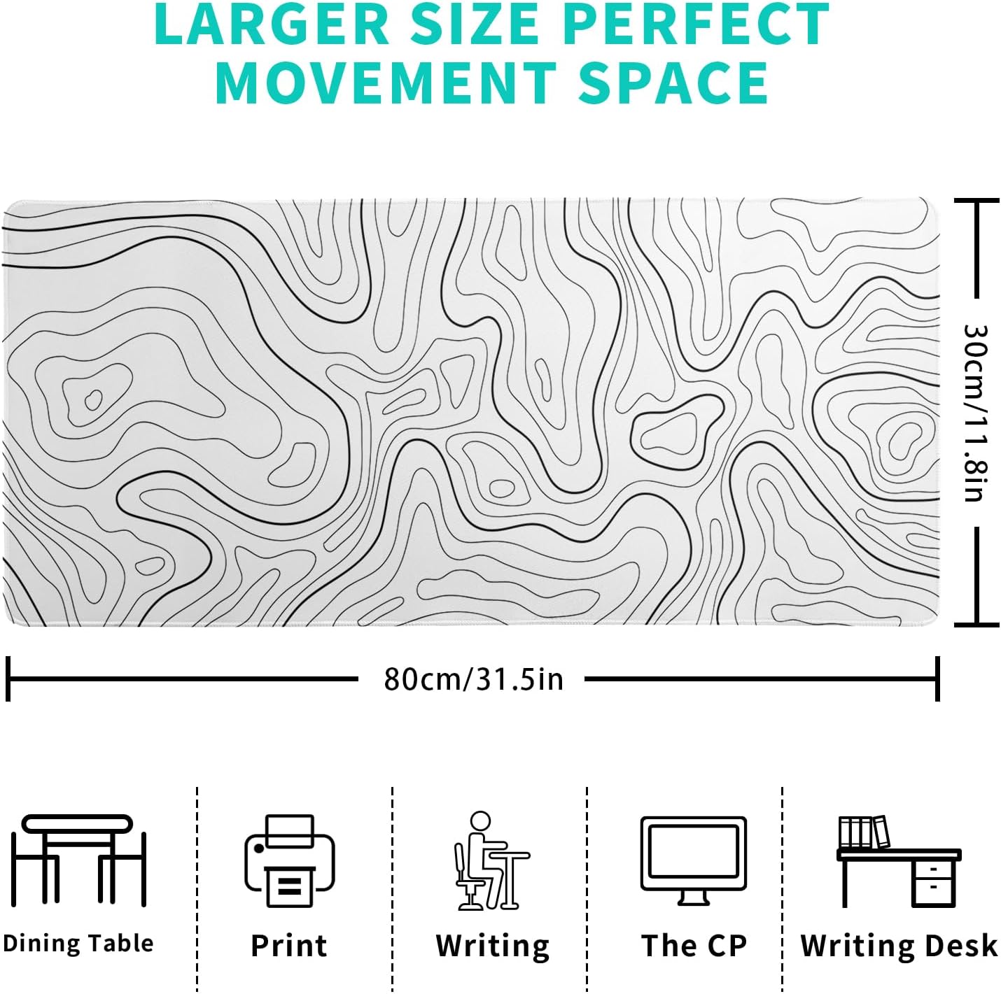Topographic Contour White Gaming Mouse Pad XL Geographic Map Lines Extended Big Large Desk Mat Non-Slip Rubber Base Stitched Edge Long Keyboard Mousepad for PC Computer Laptop,31.5x11.8 Inch
