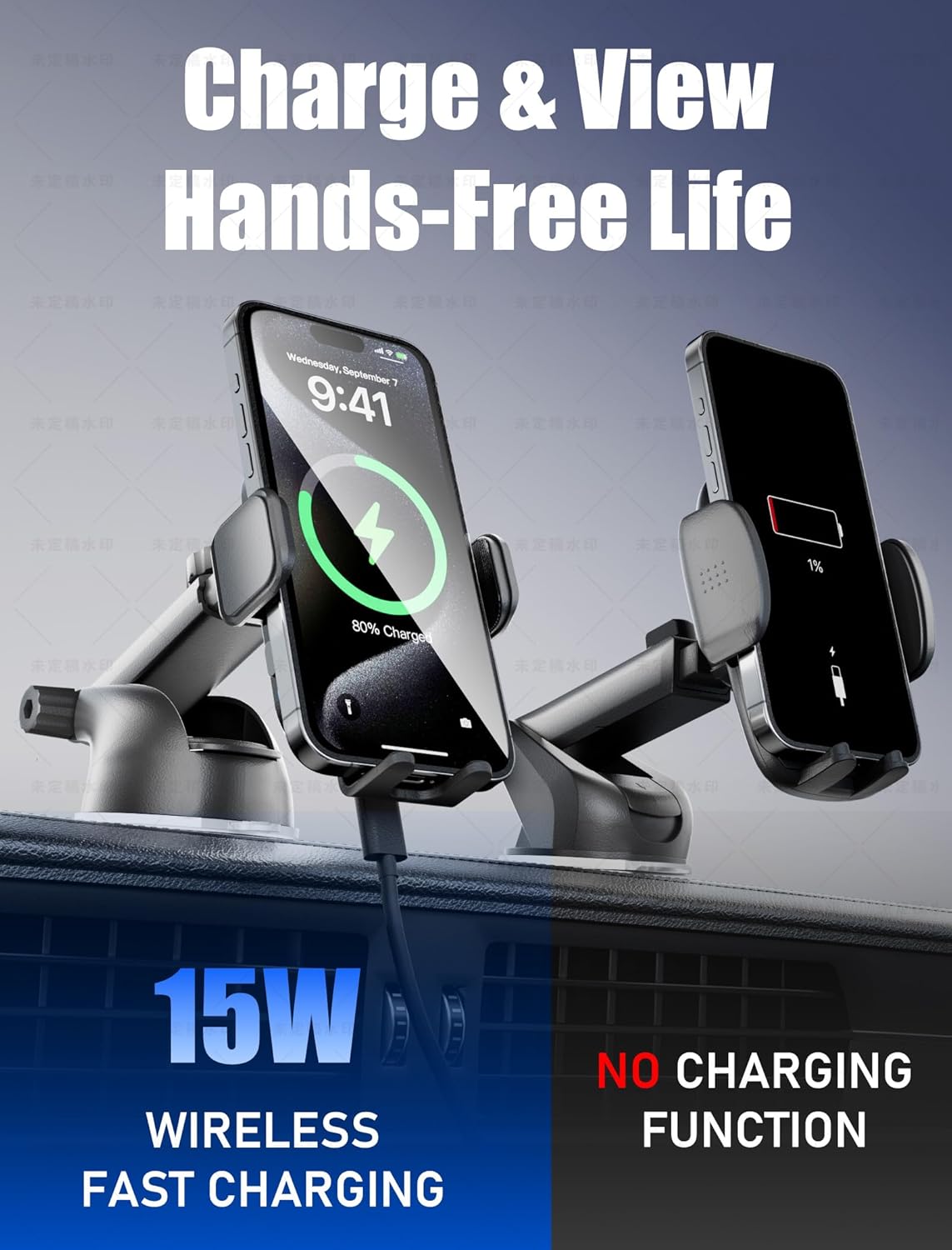 TOPGO Dashboard Wireless Car Charger, Universal Cell Phone Holder, Wireless Charger Phone Holder, 15W Fast Charging for iPhone16 Pro Max, Samsung Galaxy - Black