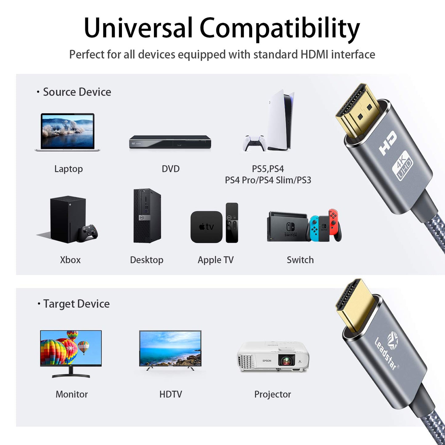 LEADSTAR HDMI Cable 4K 2 ft / 0.6m, High Speed HDMI 2.0 Cord Braided | 4K@60Hz, Ultra HD, 2160p, ARC, HDR, 3D, HDCP 2.2 | for Xbox, PS5, TV, Laptop, Monitor