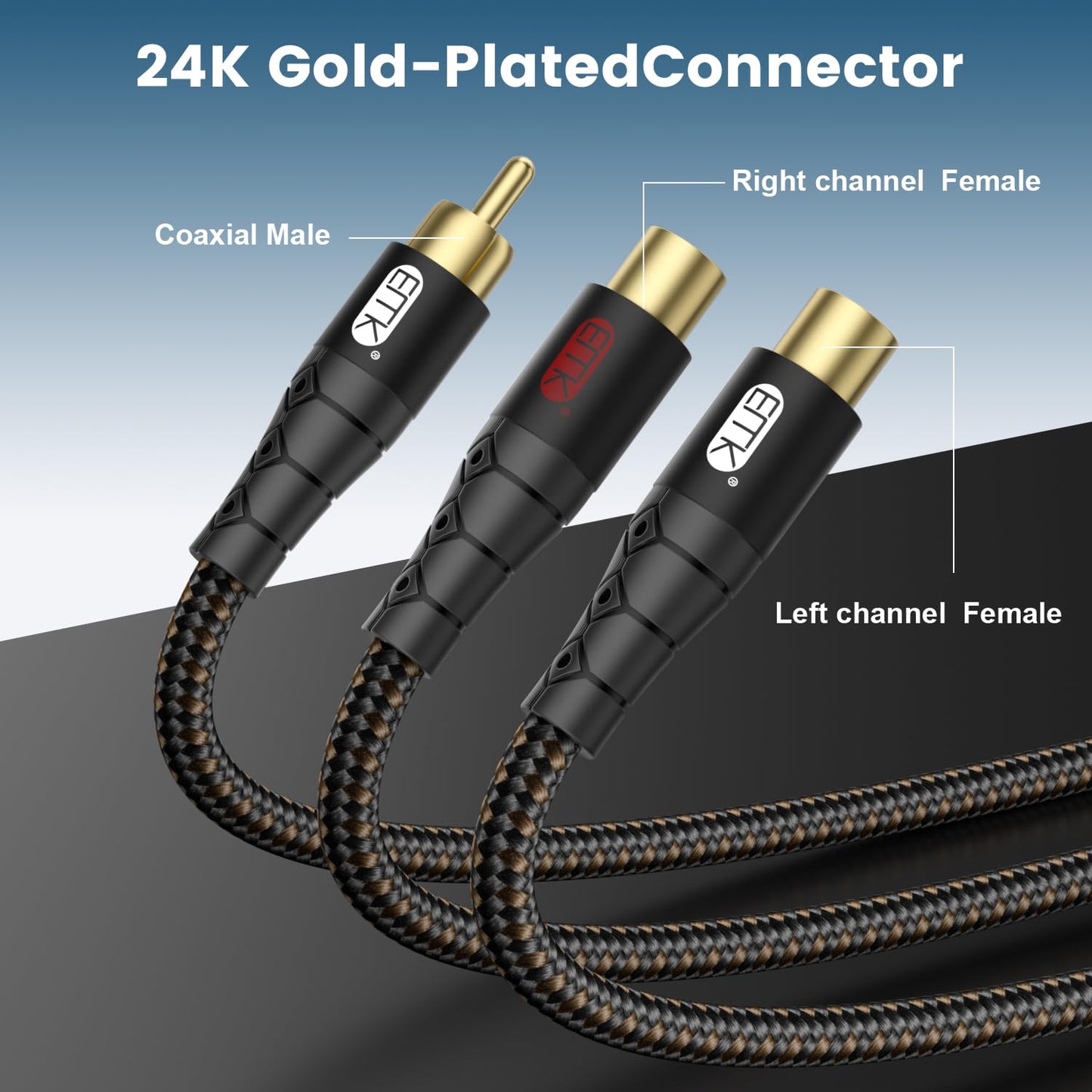 RCA Splitter Cable 1 Male to 2 Female Y Adapter with Copper Shell & 24K Gold-Plated Connector RCA Male to Dual RCA Female Extension Cord Black/1ft/0.3m
