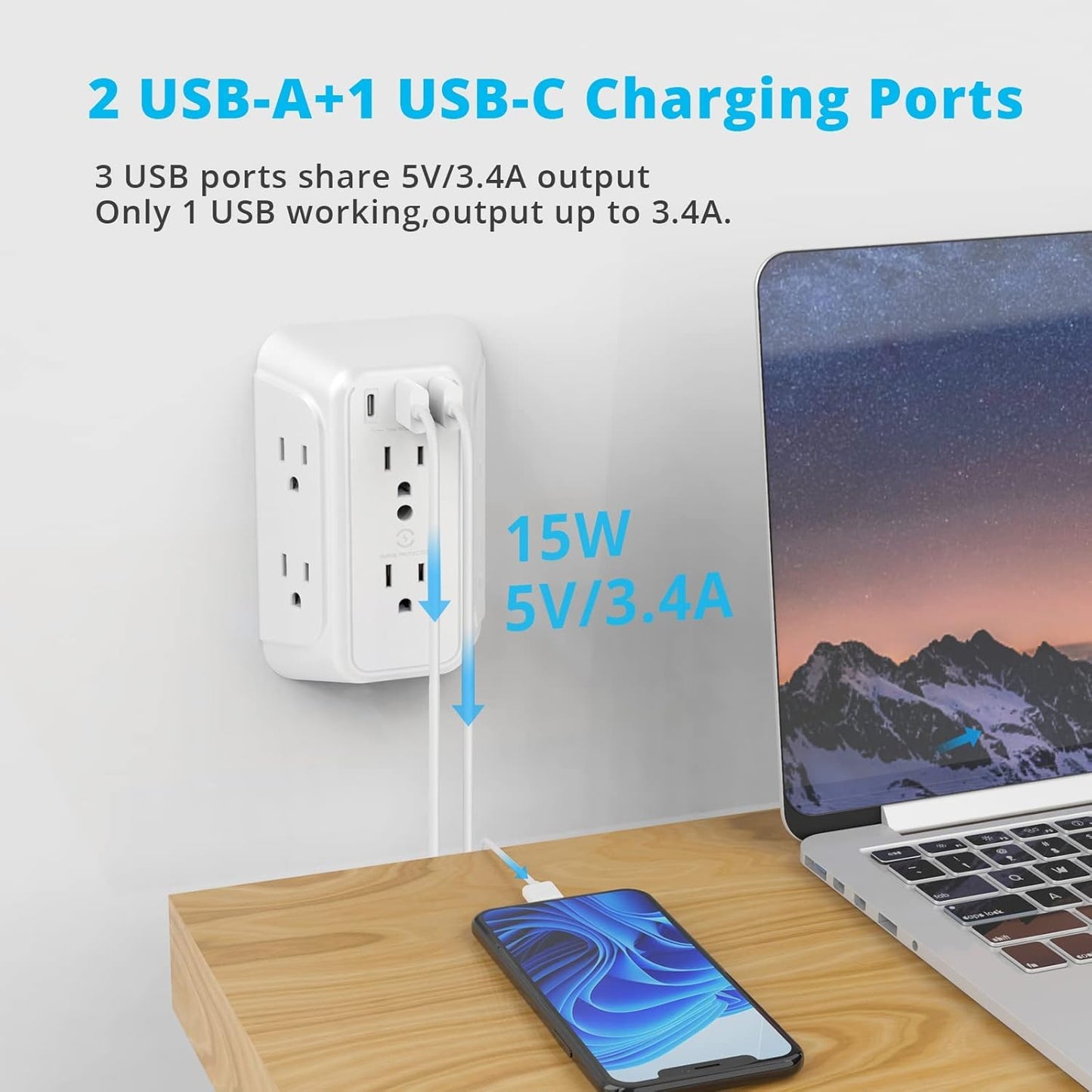 Wall Charger, Surge Protector, 6 Outlet Extender with 3 USB Charging Ports (1 USB C, 3.4A) 900J Wall Mount Power Strip Multi Plug Outlets for Home Travel Office ETL Listed