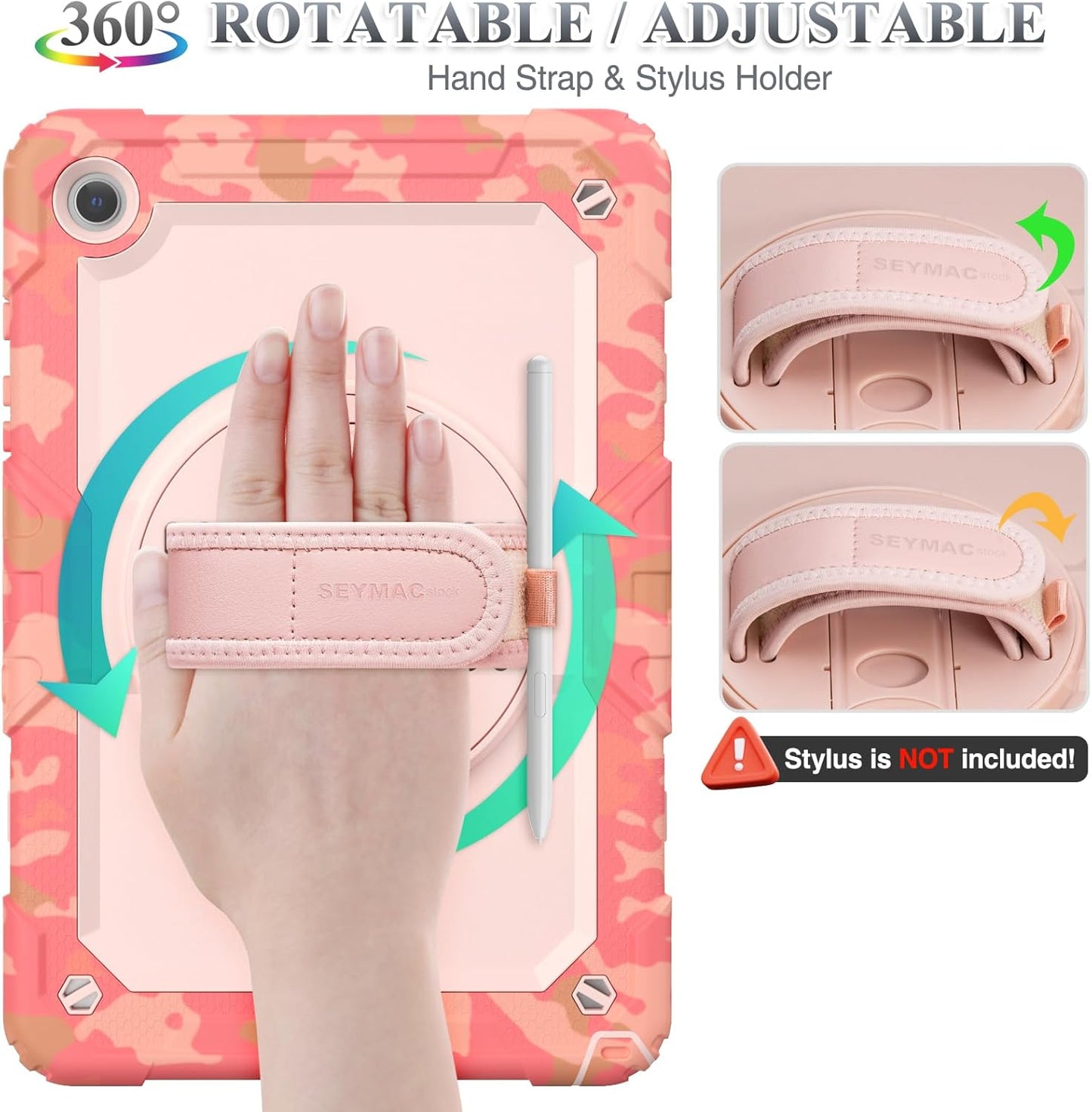 SEYMAC stock Case for Samsung Galaxy Tab A9+ Plus 11'', Full-Body Drop Protection Case with Screen Protector Pencil Holder [360° Rotating Hand Strap] &Stand, Pink Camo