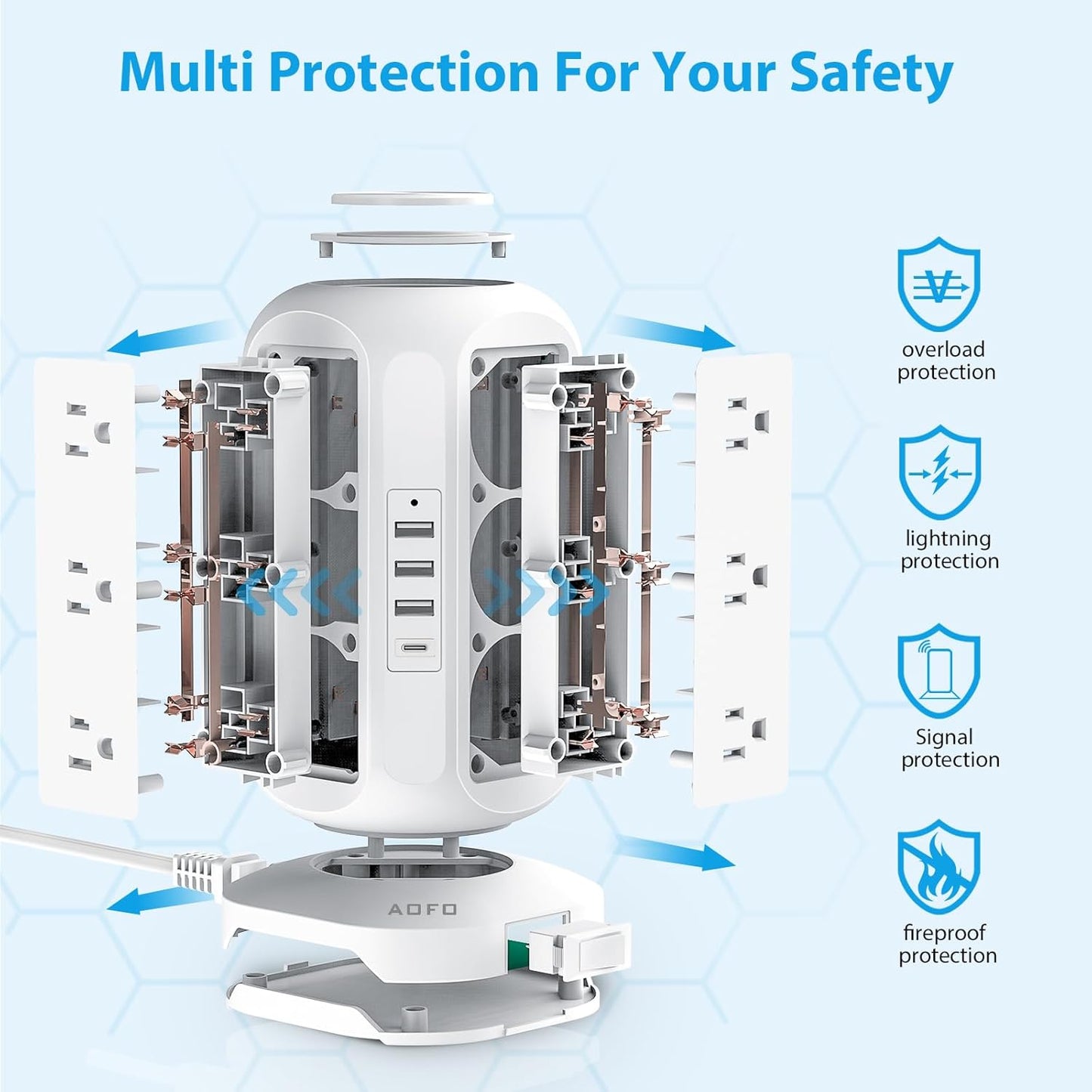 Tower Power Strip Flat Plug with 12 Outlets 4 USB(1 USB C),AOFO Surge Protector Charging Station with Overload Protection, Widely Spaced Multiple Outlets 10Ft Extension Cord for Home, Dorm,Office