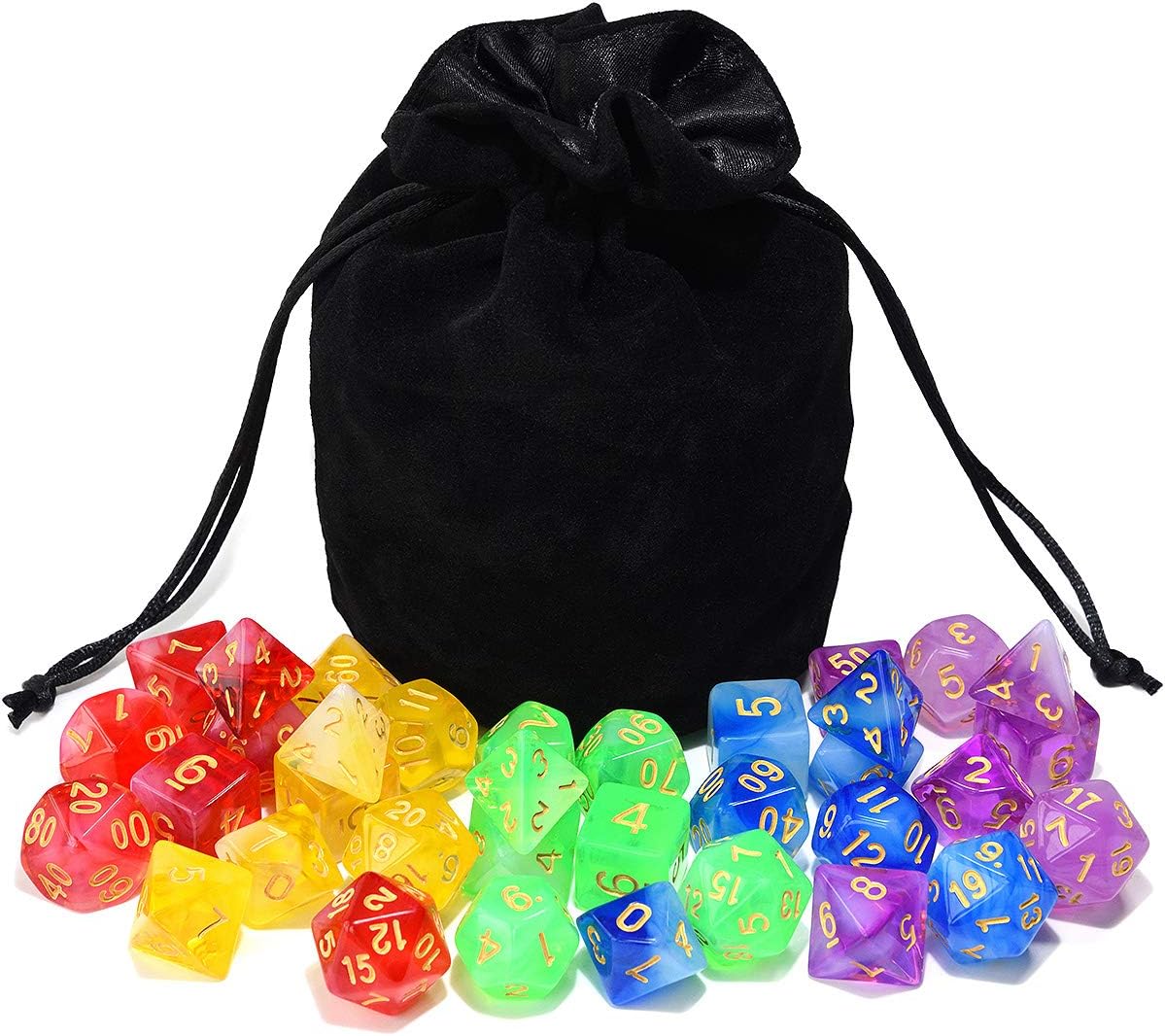 Assorted 5 Colors Polyhedral Dice Set Translucent with Black Drawstring Bag Great for Dungeons and Dragons DND RPG MTG Table Games