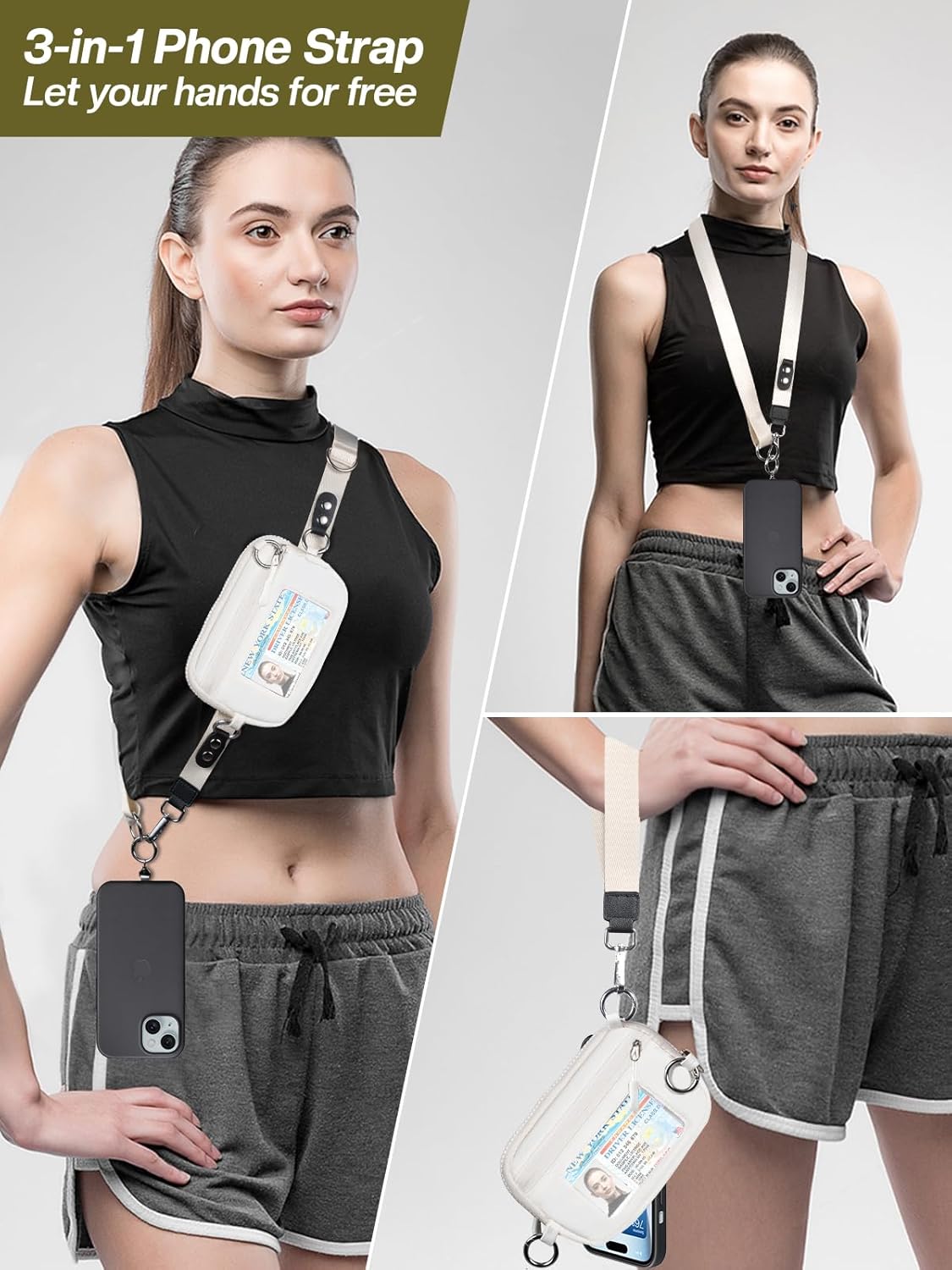 Clip and Go Strap for Phone with Wallet Crossbody Phone Lanyard Adjustable and Detachable RFID Wristlet Wallet with ID Window and Zipper, Cream(L)